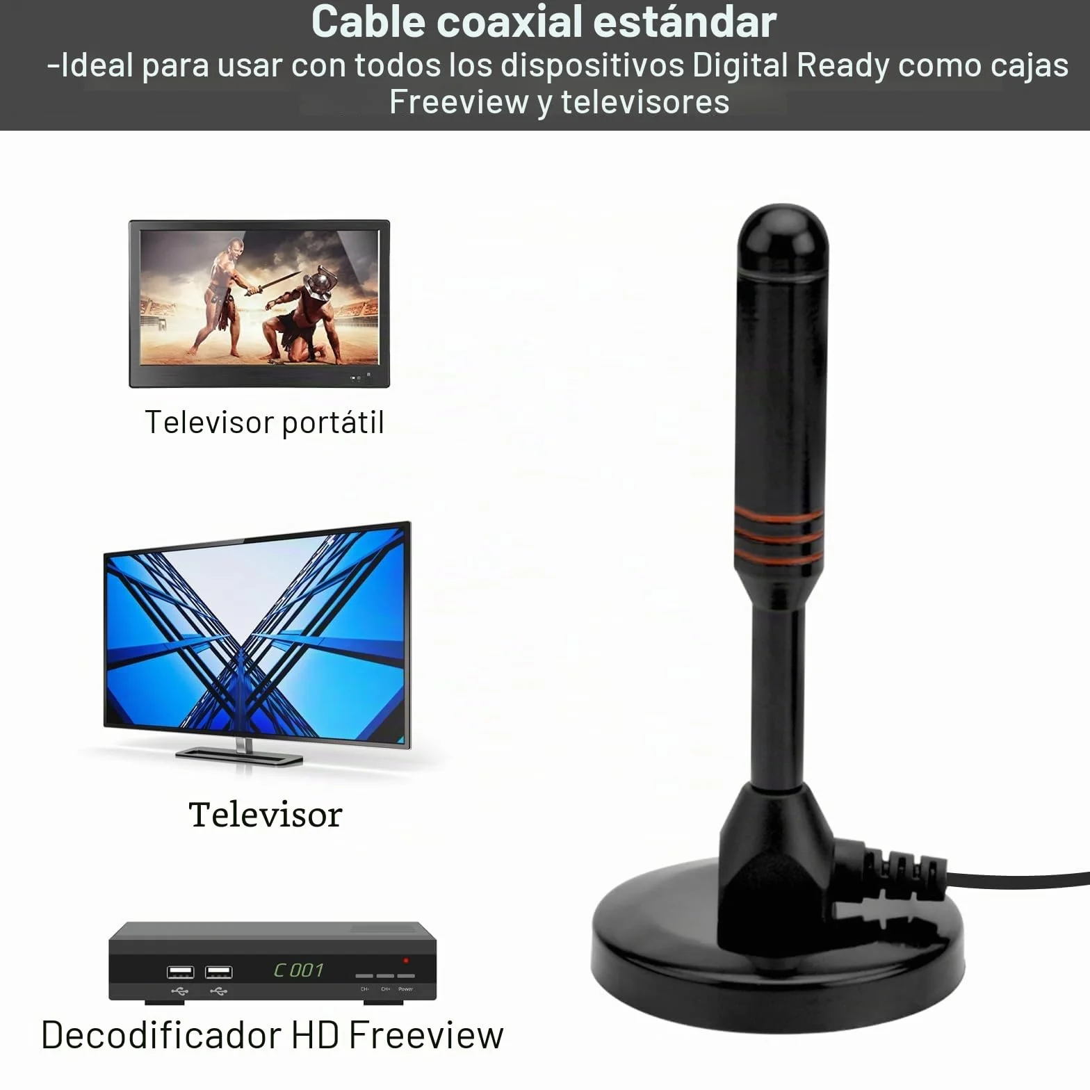 Antena DVB-T2 Interior 360° 5m Cable 4K HD