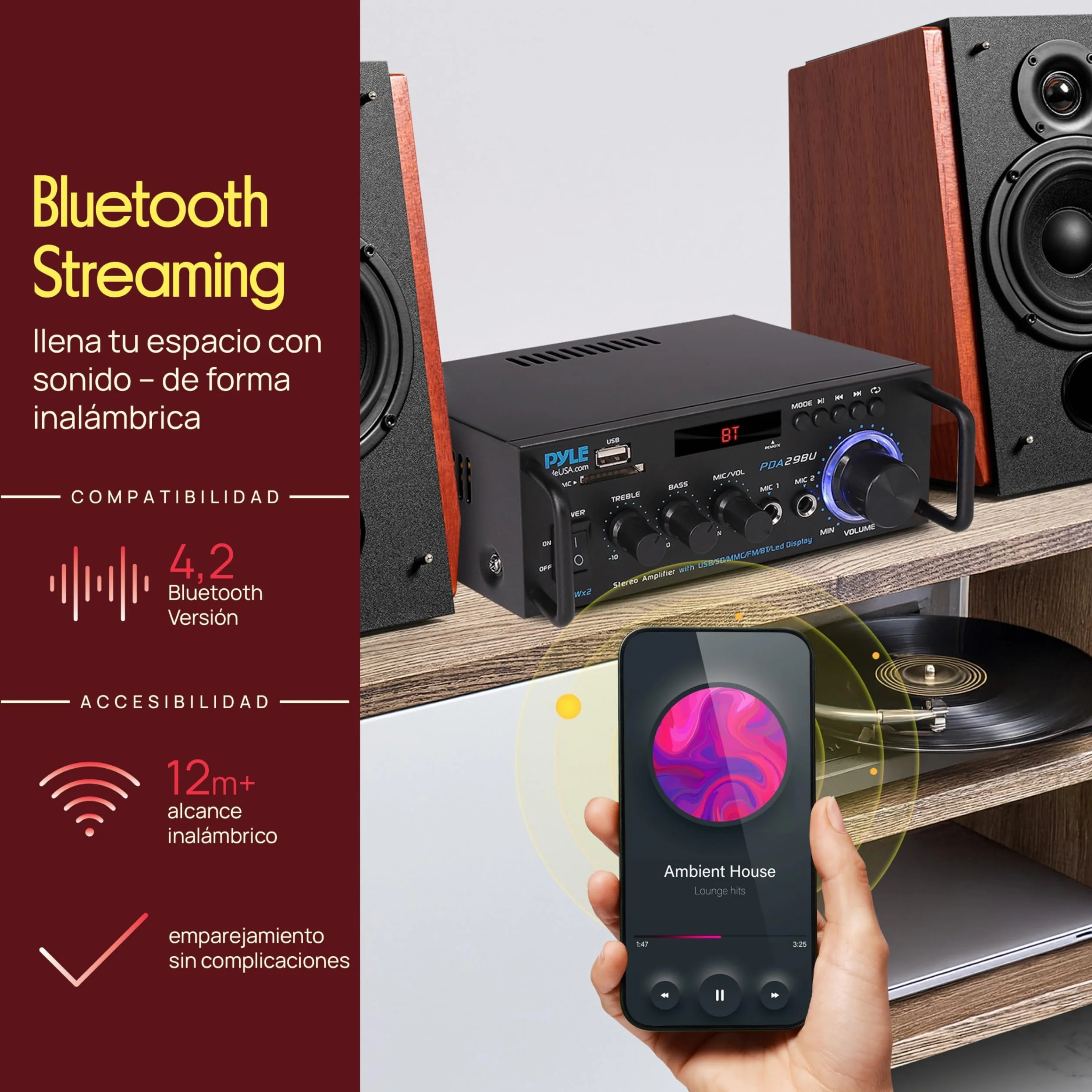 PyleUsa Receptor AV HiFi estéreo para el Hogar con RCA, USB, SD, 2 Micrófonos, Radio FM, Mando a Distancia, Sonido Envolvente para Cine en casa