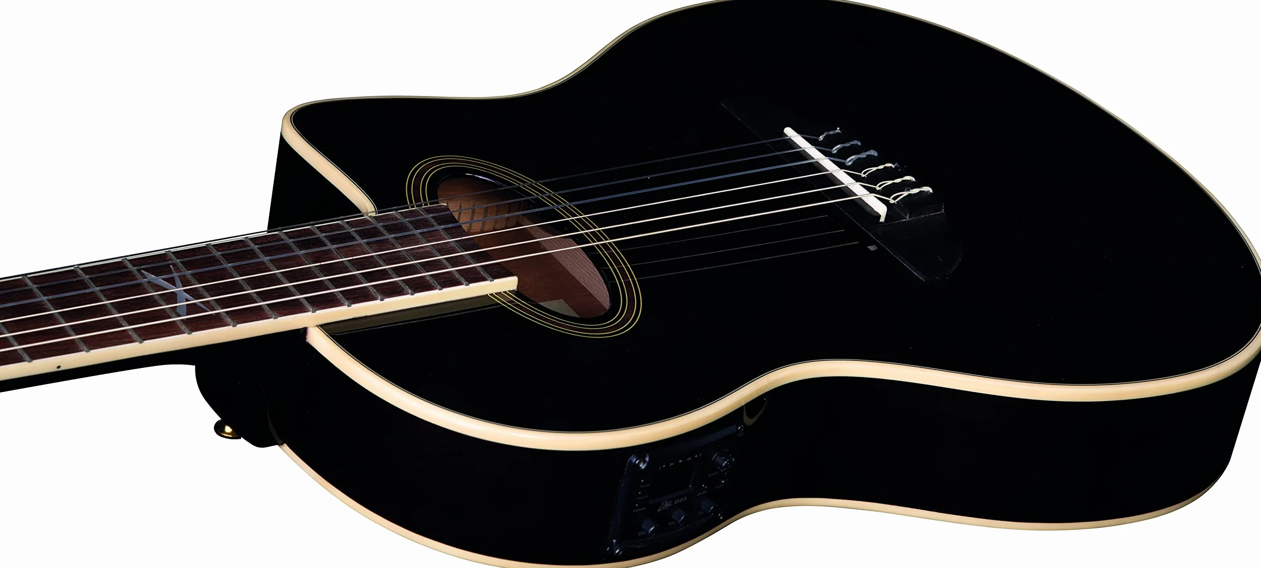 EKO GUITARS – NXT NYLON N100CE SEE THROUGH BLACK, Guitarra Clásica Cutaway Electrificada, Tapa Abeto, Aros, Fondo y Mástil Caoba, Diapasón South American Roupanà, Escala 650 mm, Color Negro