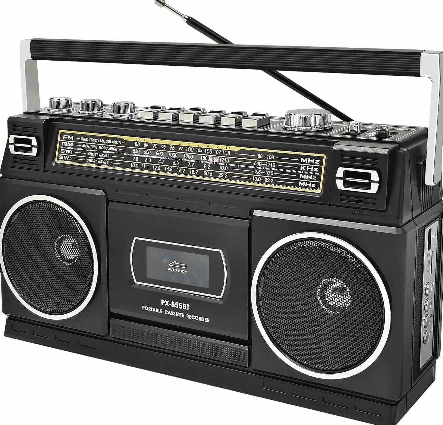 Reproductor de casetes con Bluetooth y radio (AM/FM/SW) | Digitalización de casetes a USB | Sonido estéreo, 10W, reproductor de casetes, reproducción USB/TF, alimentación por red/batería Boombox