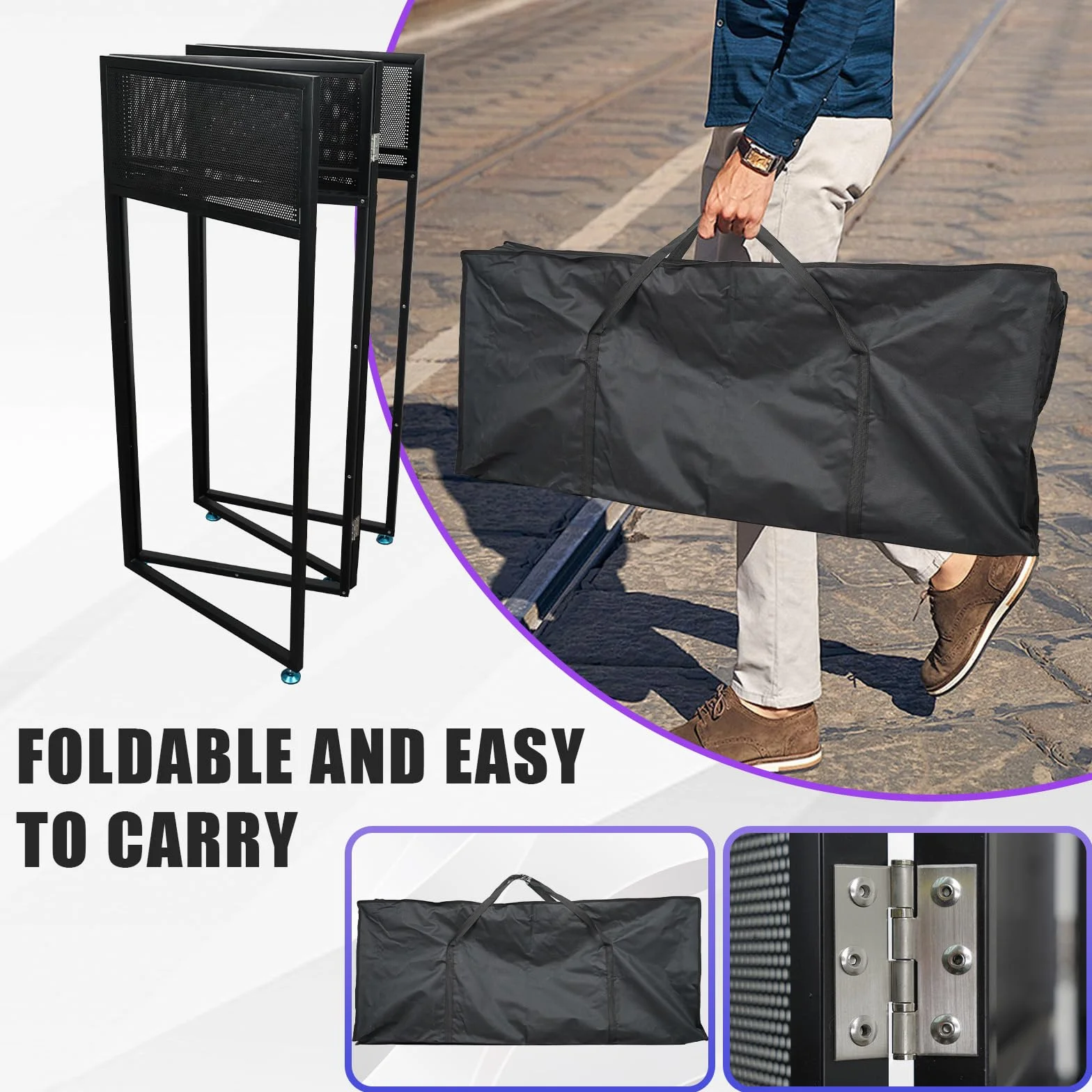 Cabina de DJ portátil, 108 x 53,5 x 118 cm, fachada de DJ con scrims negros y blancos, marco de metal negro, consola plegable de DJ de altura ajustable para eventos, fiestas, bodas