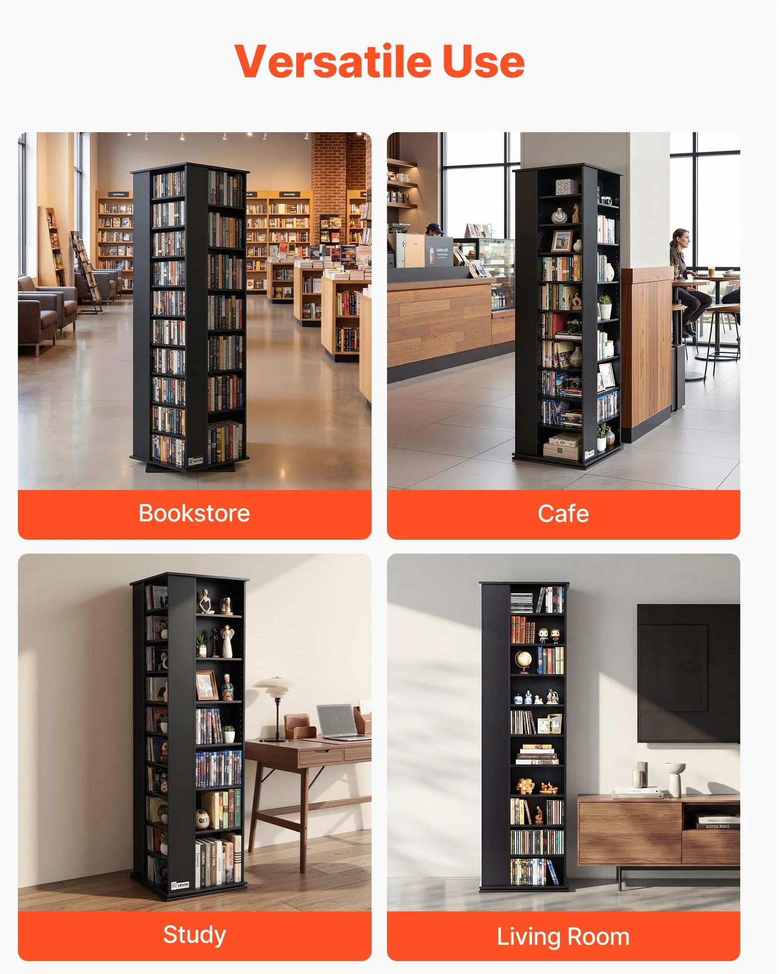 VEVOR Mueble de Almacenamiento Multimedia, Torre para CD, 34 Compartimentos, Giratorio, para CD, DVD, Libros y Discos de Juegos, Ideal para Sala de Estar, Oficina en Casa, Sala de Grabación, Negro