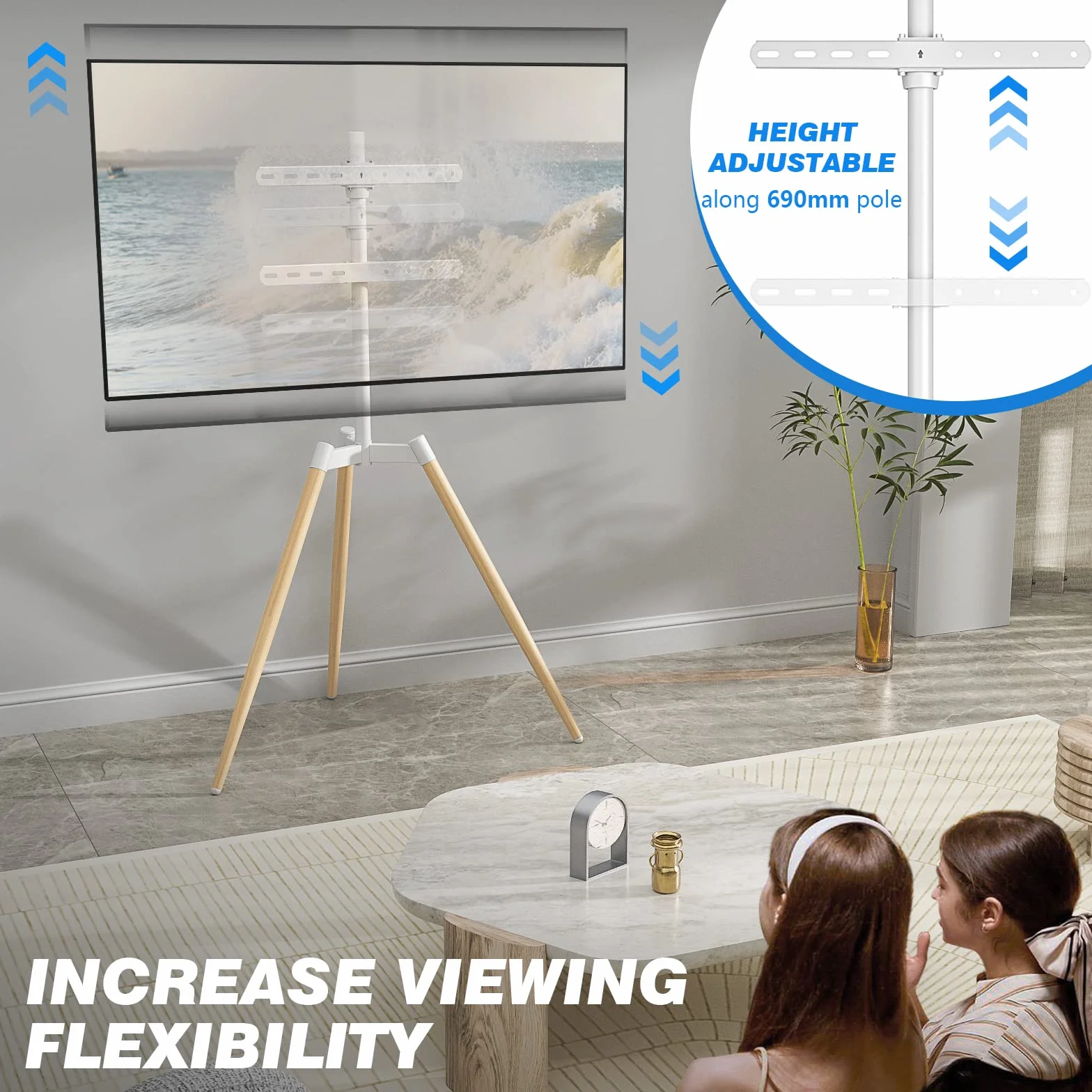 Soporte Television Pie Suelo Trípode - Rfiver Soporte TV Giratorio Madera para 32-65 Pulgadas Televisor - Blanco Alto Altura Ajustable TV Stand con Patas de Madera | MAX Vesa 400 * 400mm 35kg