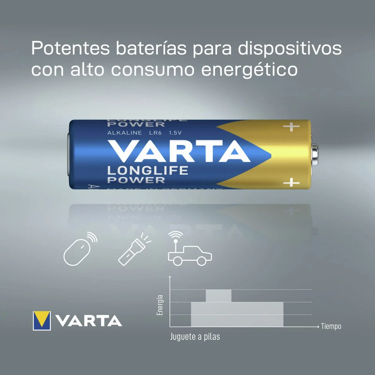 Varta Pila Longlife Power AA LR6 (paquete de 12 unidades), pila alcalina - «Made in Germany» - Adecuado para juguetes, linternas, mandos y otros aparatos que funcionan con pilas