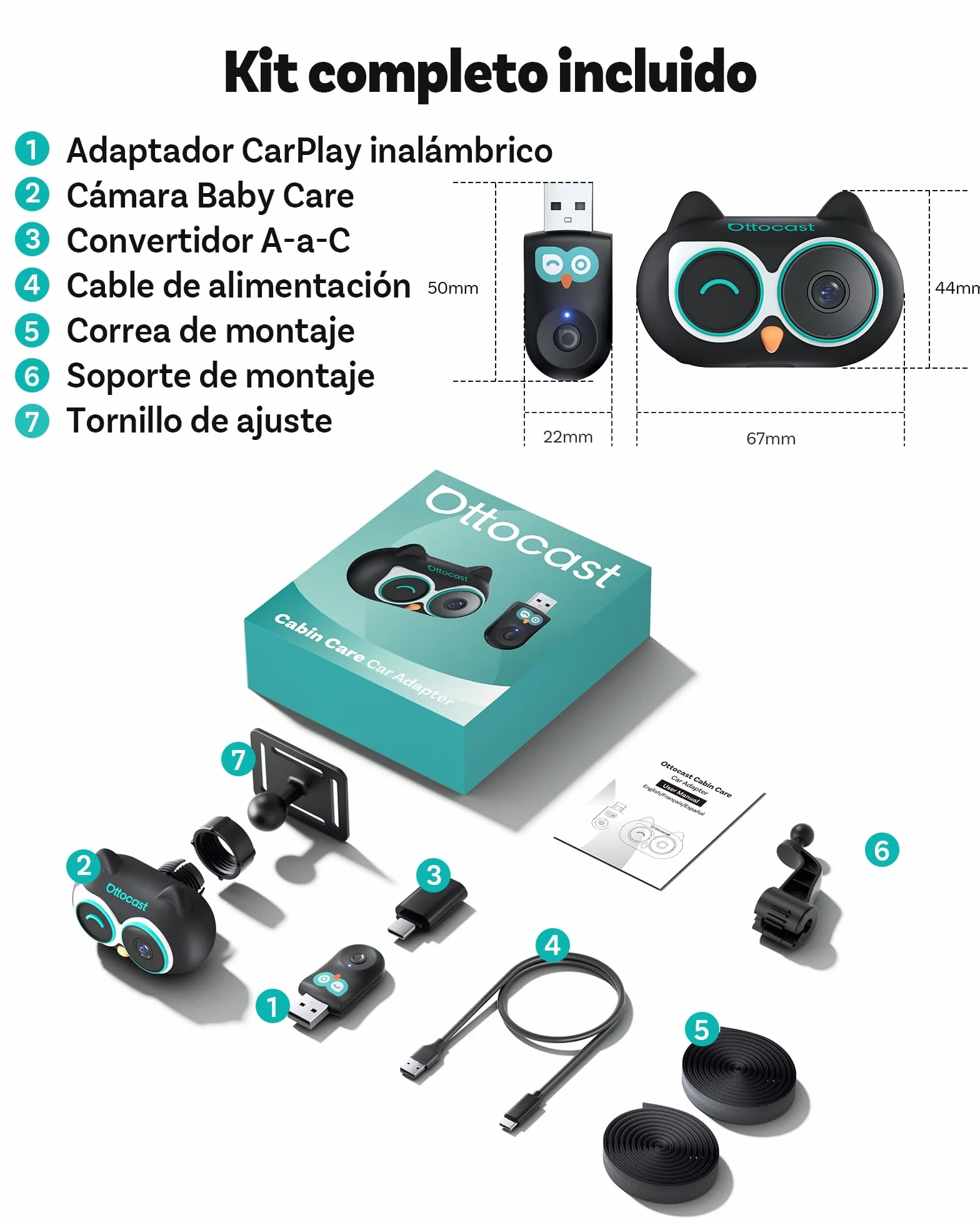OTTOCAST Cabin Care 2026, CarPlay Inalámbrico + Cámara Trasera de Seguridad para Bebés/Mascotas, 1080P, IR Visión Nocturna, Ultra Gran Angular 150°, Compatible iOS 10+ y Coches con Carplay Desde 2016