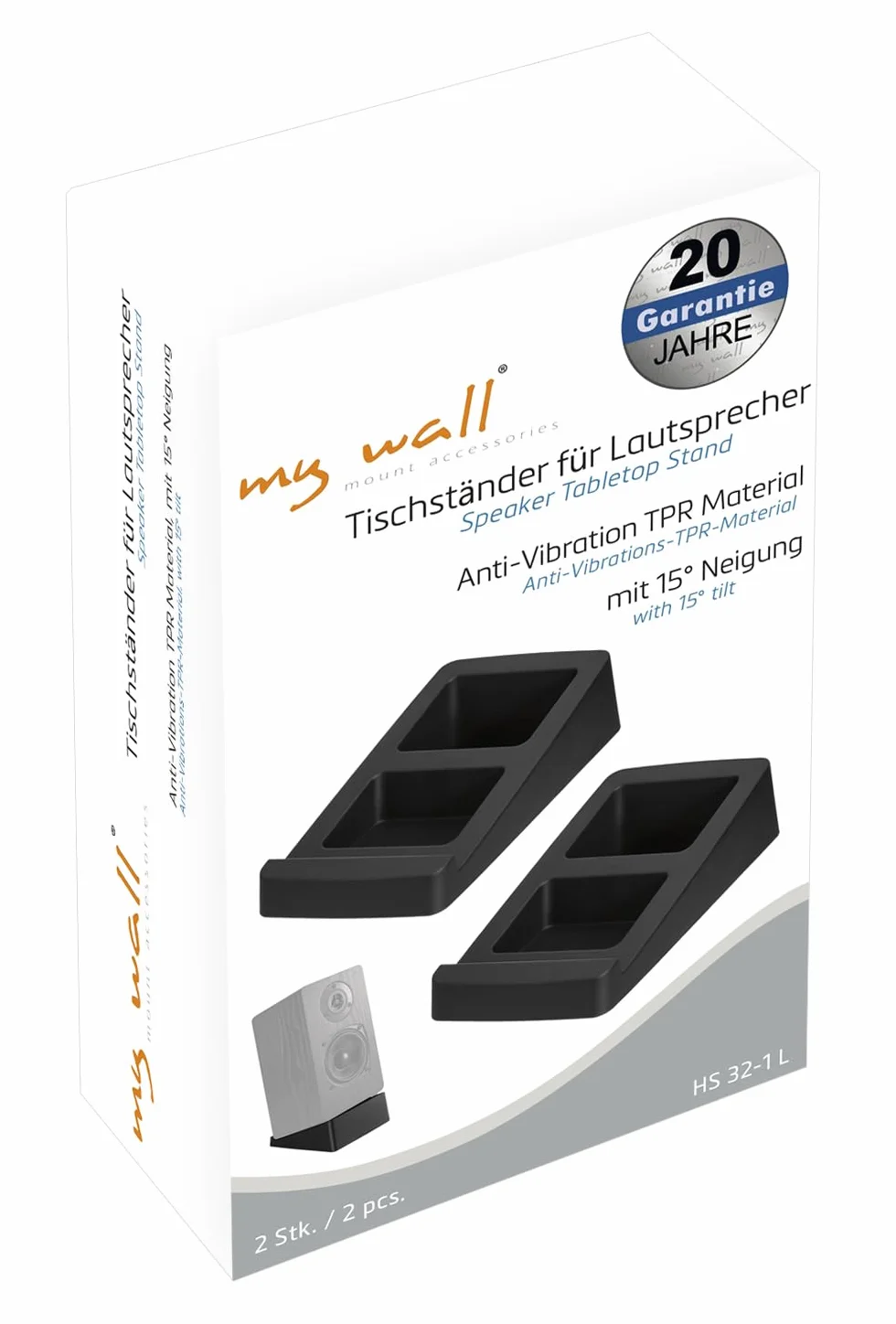 my Wall HS32-1L - Soporte de Mesa Universal para Altavoces (2 Unidades, soporta hasta 3 kg, ángulo de inclinación de 15°, Soporte para Altavoz, Soporte de Mesa para Altavoces, amortiguación de