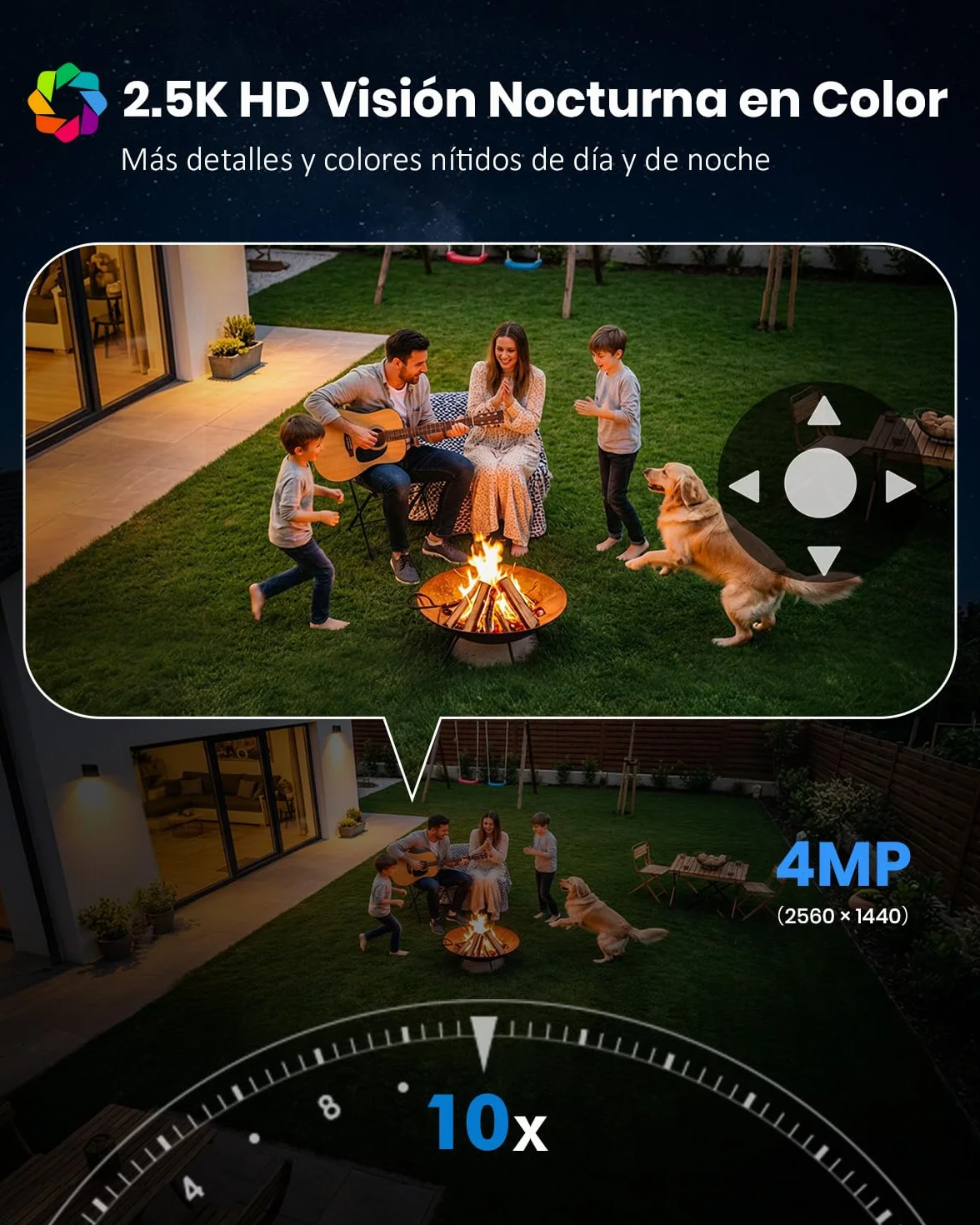 Camara Vigilancia WiFi Exterior Solar 2 en 1, 4MP/2.5K Camara sin Cables, 360° Cobertura, Fácil Instalación, 2.4/5 GHz WiFi, Visión Nocturna en Color, PIR, SD/Nube