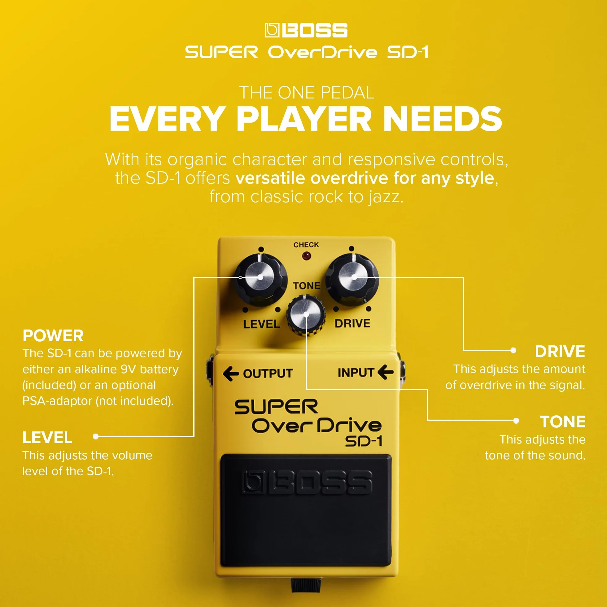 BOSS SD-1 SUPER OverDrive Gitaareffectpedaal | Genrebepalende Overdrive-Sound | Mild tot Matige Drive Tonen | Ideaal voor gebruik met Cleane en Licht Aangedreven Versterkers | 5 Jaar Garantie