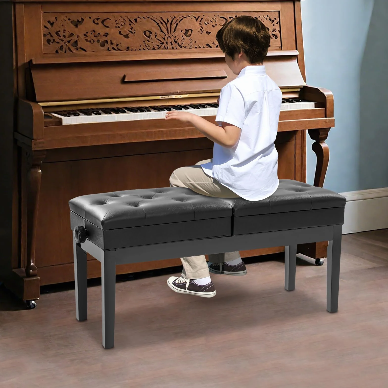 Banco de piano de doble plaza, 108 x 39 x 48 cm, altura regulable para 2 personas, soporta 200 kg, silla de piano con espacio para el hogar, escuelas, conciertos (negro)