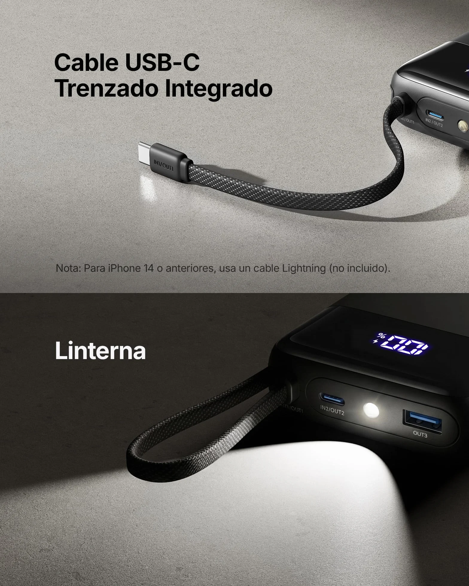 INIU Power Bank 20000mAh 45W Carga Rapida Bateria Externa con Cable USB-C Integrado para iPhone iPad Samsung Xiaomi