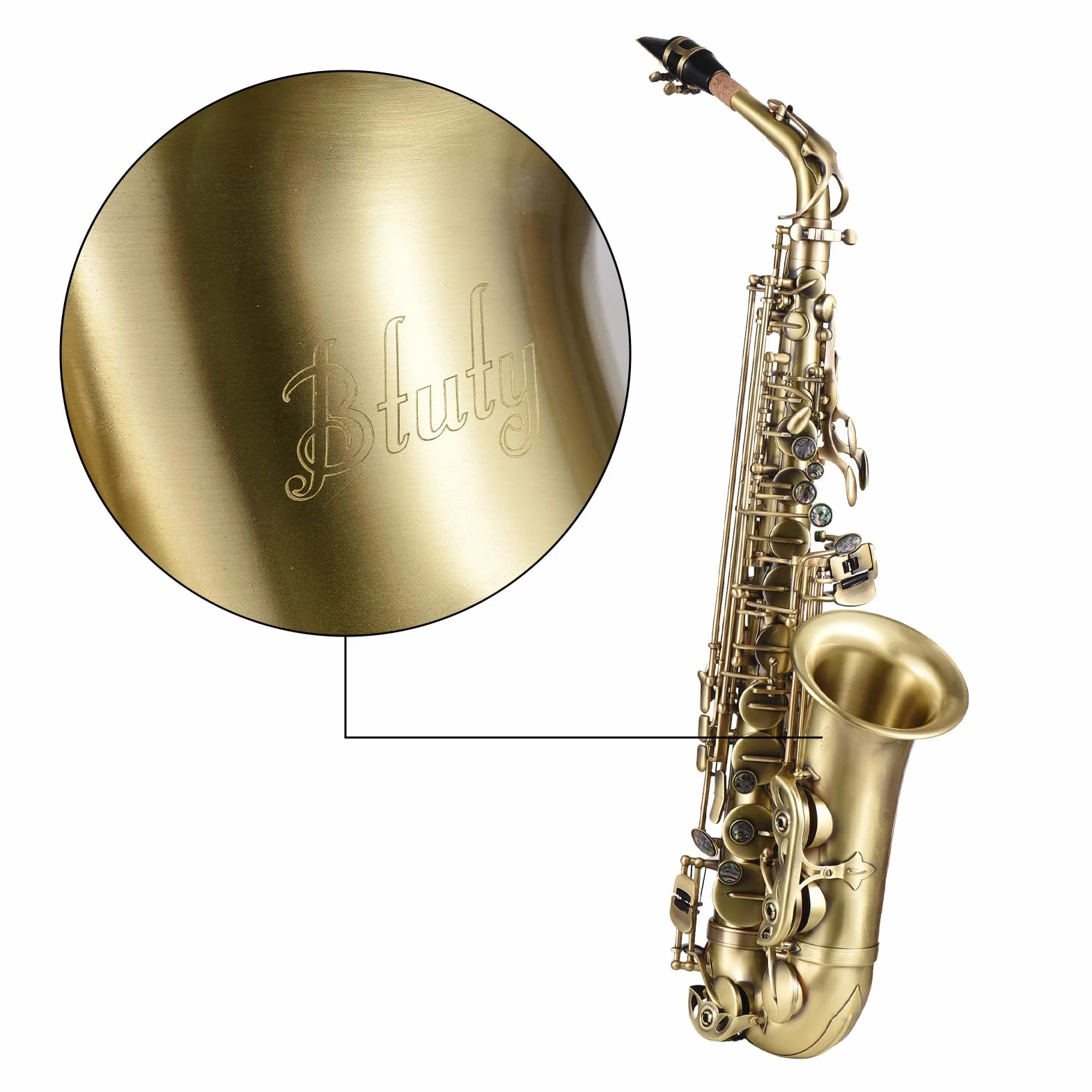 Btuty Alto grado acabado antiguo Bend Eb E-flat Saxofón alto Saxofón Abalone Shell clave tallar patrón con caso guantes limpieza paño correas cepillo