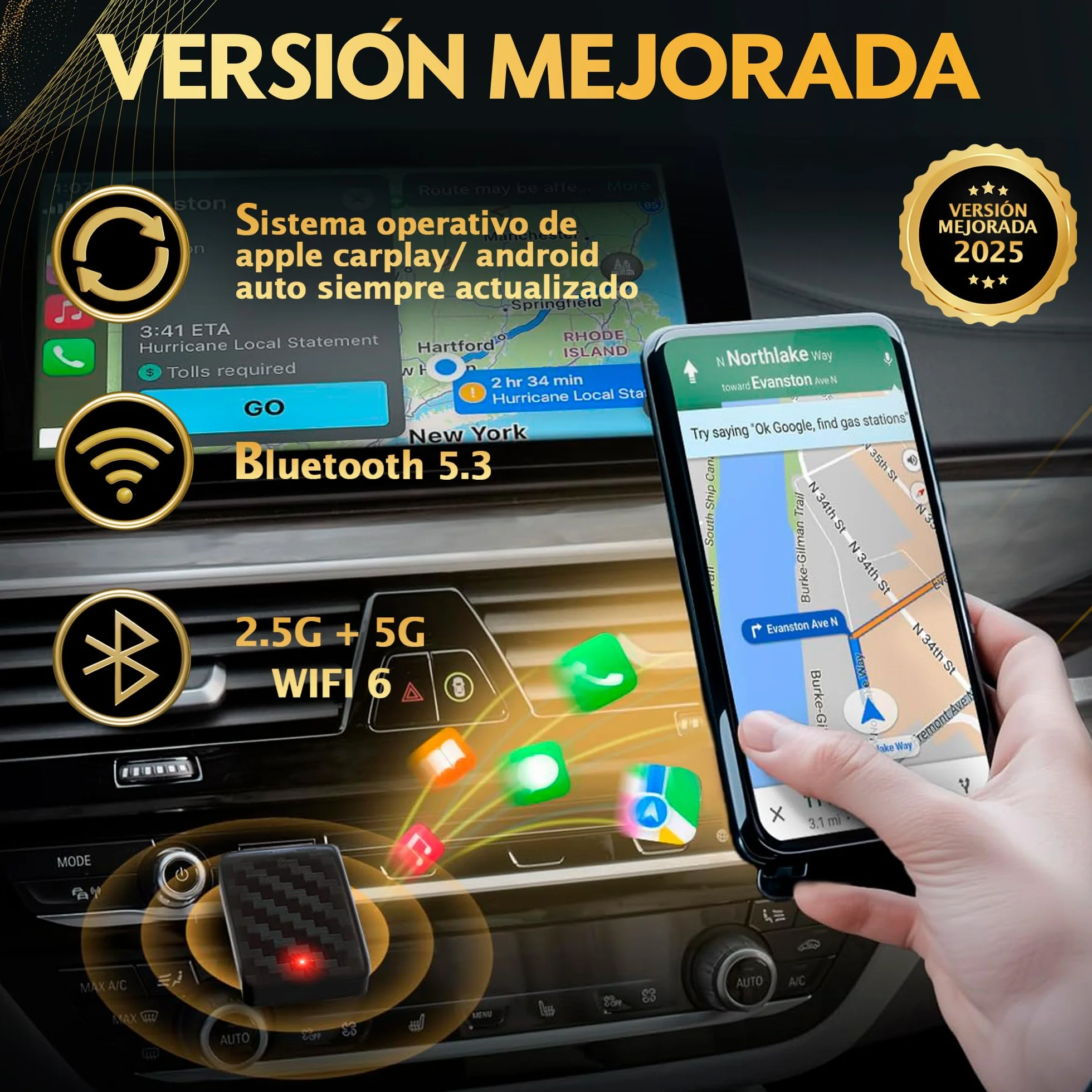SweetSolutions© Adaptador Carplay Inalámbrico | Android Auto |2 En 1| Convierte Conexión por Cable a Inalámbrica para Coche | Compatible con iOS 10+ y Android 11+, USB-C/A, 6GHz WiFi