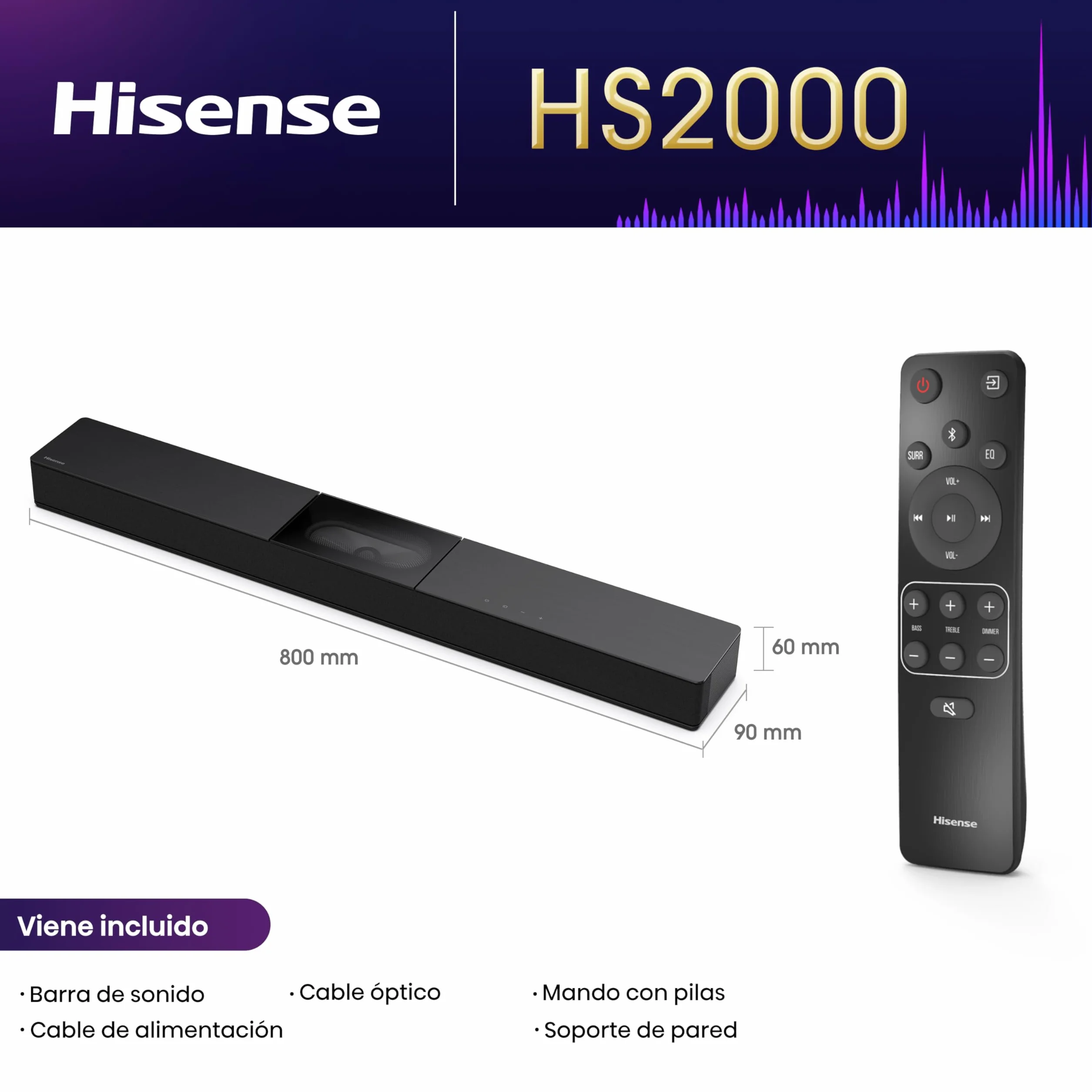 Hisense HS2000 Barra de Sonido 2.1 240W Subwoofer Incorporado Dolby Digital Plus DTS Virtual:X