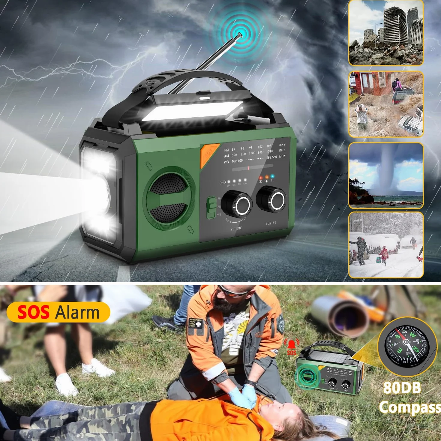 27000 mAh Radio de Emergencia con manivela, energía Solar, batería y USB, Radio meteorológica portátil Am/FM con Bluetooth, Conector para Auriculares, luz de Lectura, Linterna, brújula y Alarma SOS
