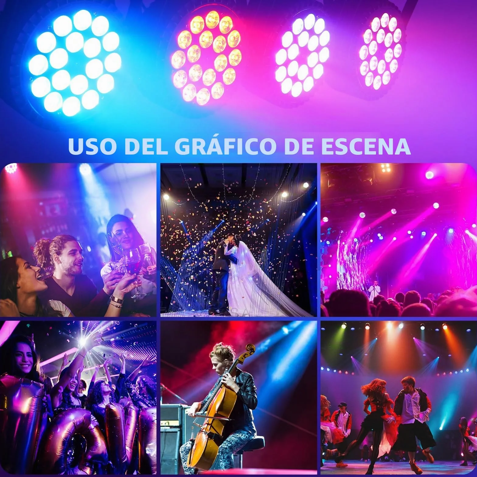 RGBWA UV Focos Par LED 200W, 18 LED Luces Escenario 7/10CH con Estroboscópica y Activación Sonido, Luces Discoteca para Espectáculos Bares Fiestas Bodas Halloween