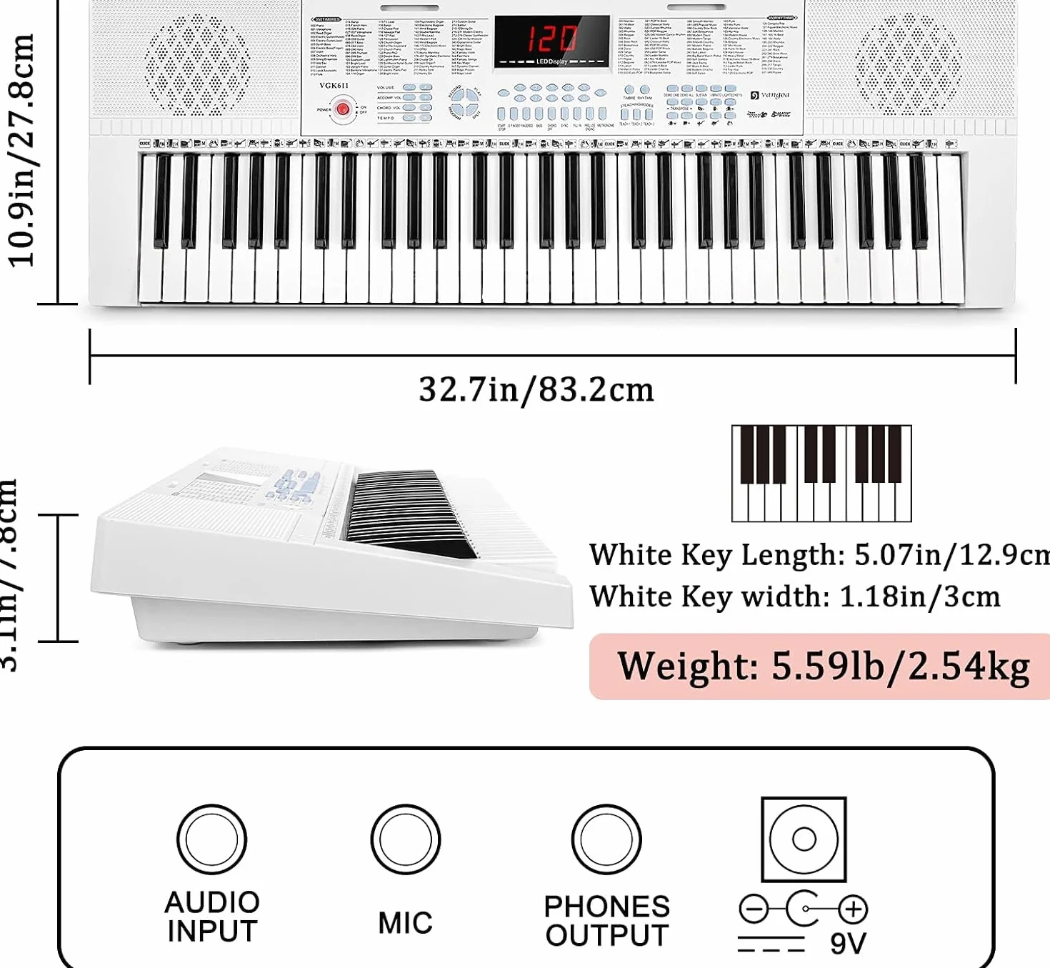 Vangoa Piano 61 Teclas Luminosas, Para Principiantes Niño, Mini Teclado Luminoso Musical, Modos De Enseñanza, 350 Tonos, Blanco