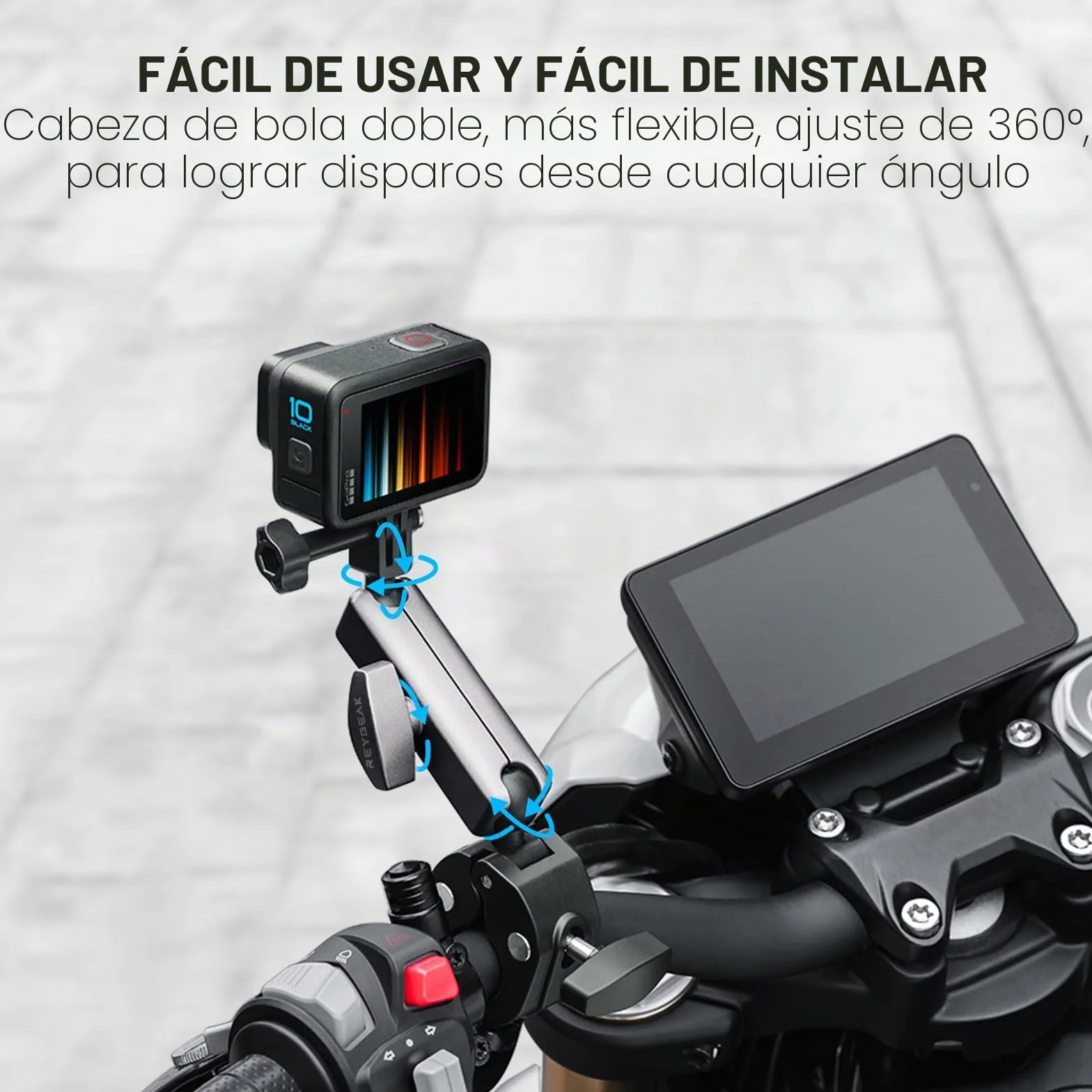 Soporte de cámara REYGEAK con cabezal de bola dual de 360° con tornillos de 1/4, soporte de manillar de bicicleta con doble garra para Gopro Max Hero 13/12/11/10/9
