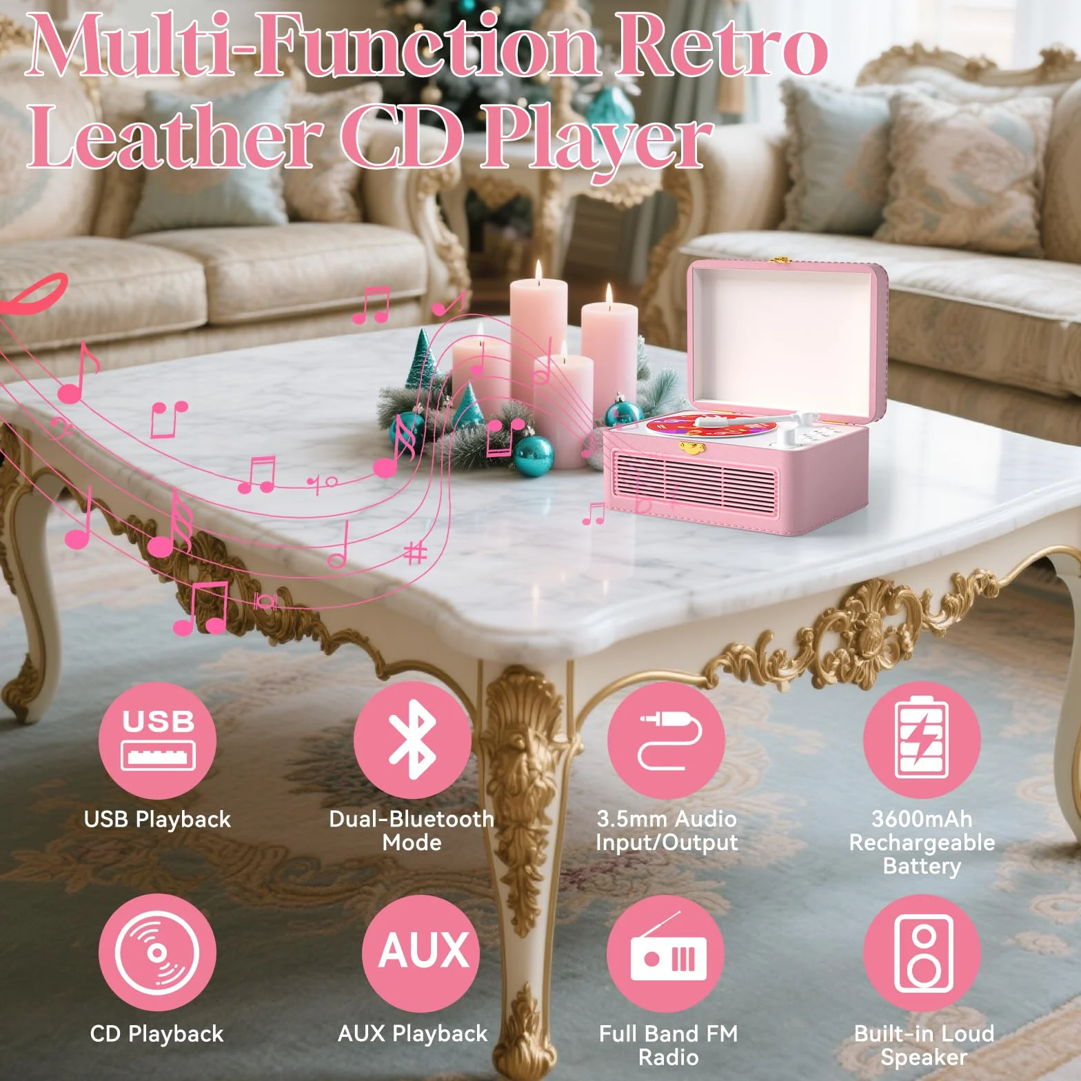 Gueray Reproductor CD Portátil Bluetooth 3600mAh Recargable con Altavoces, Diseño Maletín Retro, USB AUX, Rosa