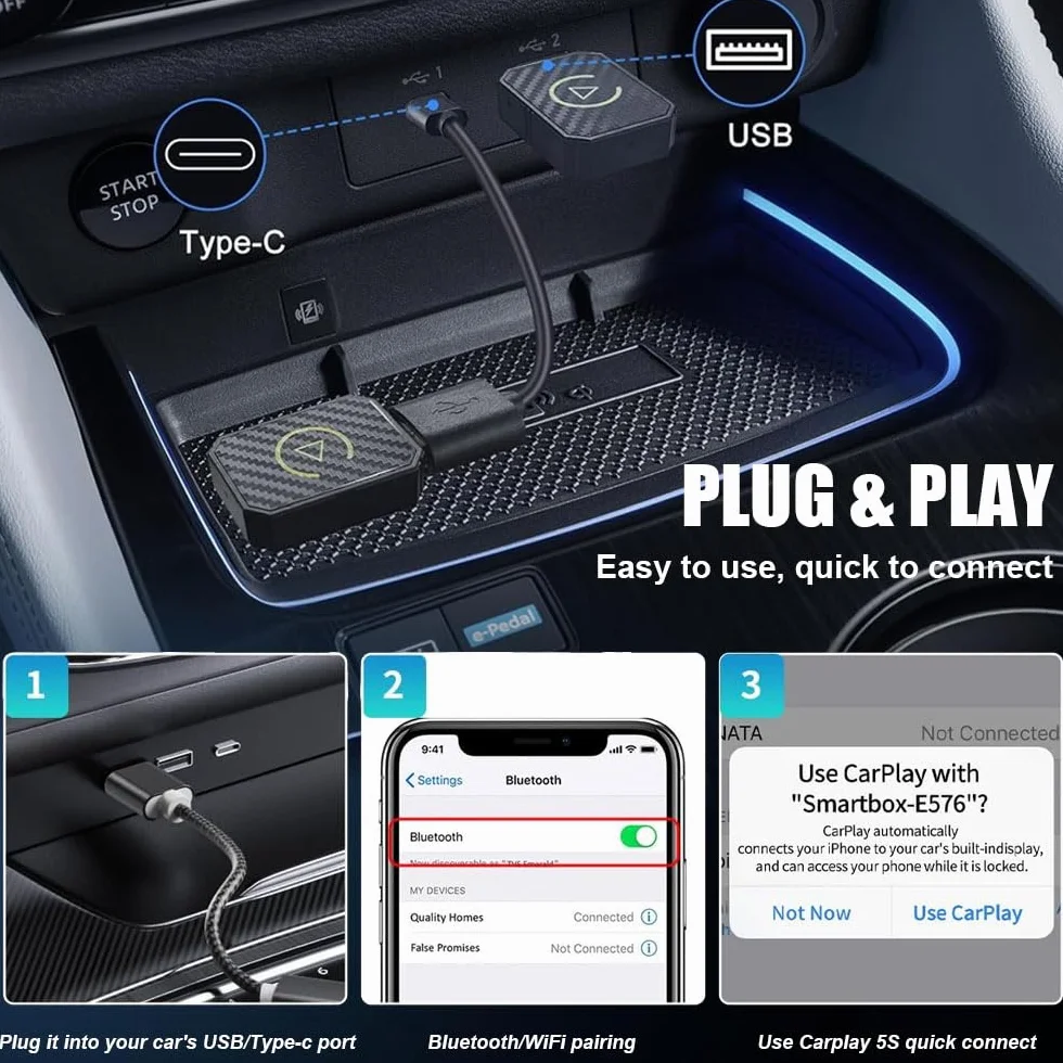 Adaptador Carplay Inalambrico, 2 en 1 Carplay Coche Convierte Cable a Inalámbrico, Plug & Play Car Play Inalámbrico, Mini USB Wireless CarPlay Adapter Compatible iOS 10+ y Coches a Desde 2016