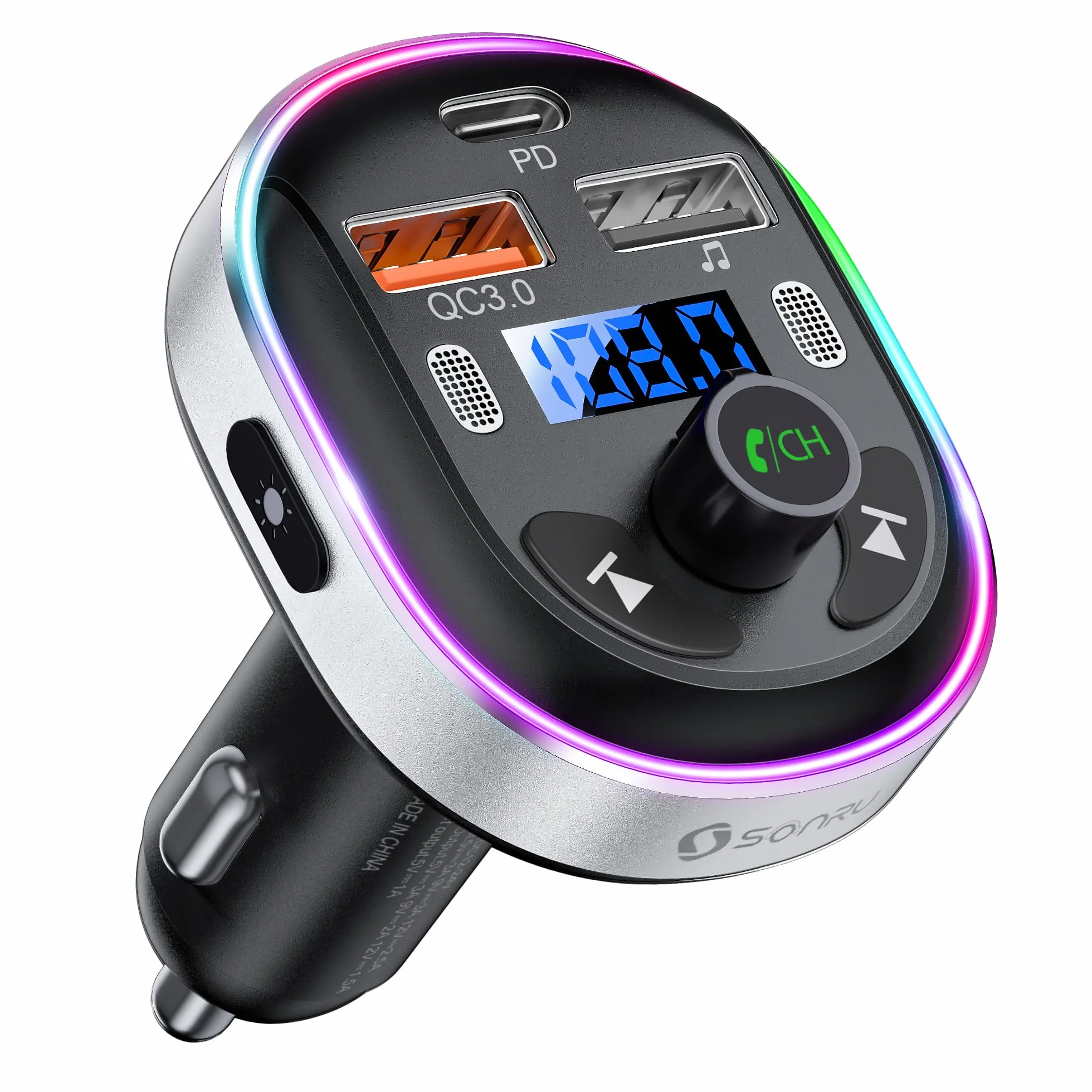 SONRU Transmisor FM Bluetooth 5.3 para Coche, Manos Libres Inalámbrico Reproductor MP3 Coche, QC3.0&PD 30W Tipo C Carga Rápida, Doble Mics+Carcasa de Metal, Soporte USB y Flash Drive