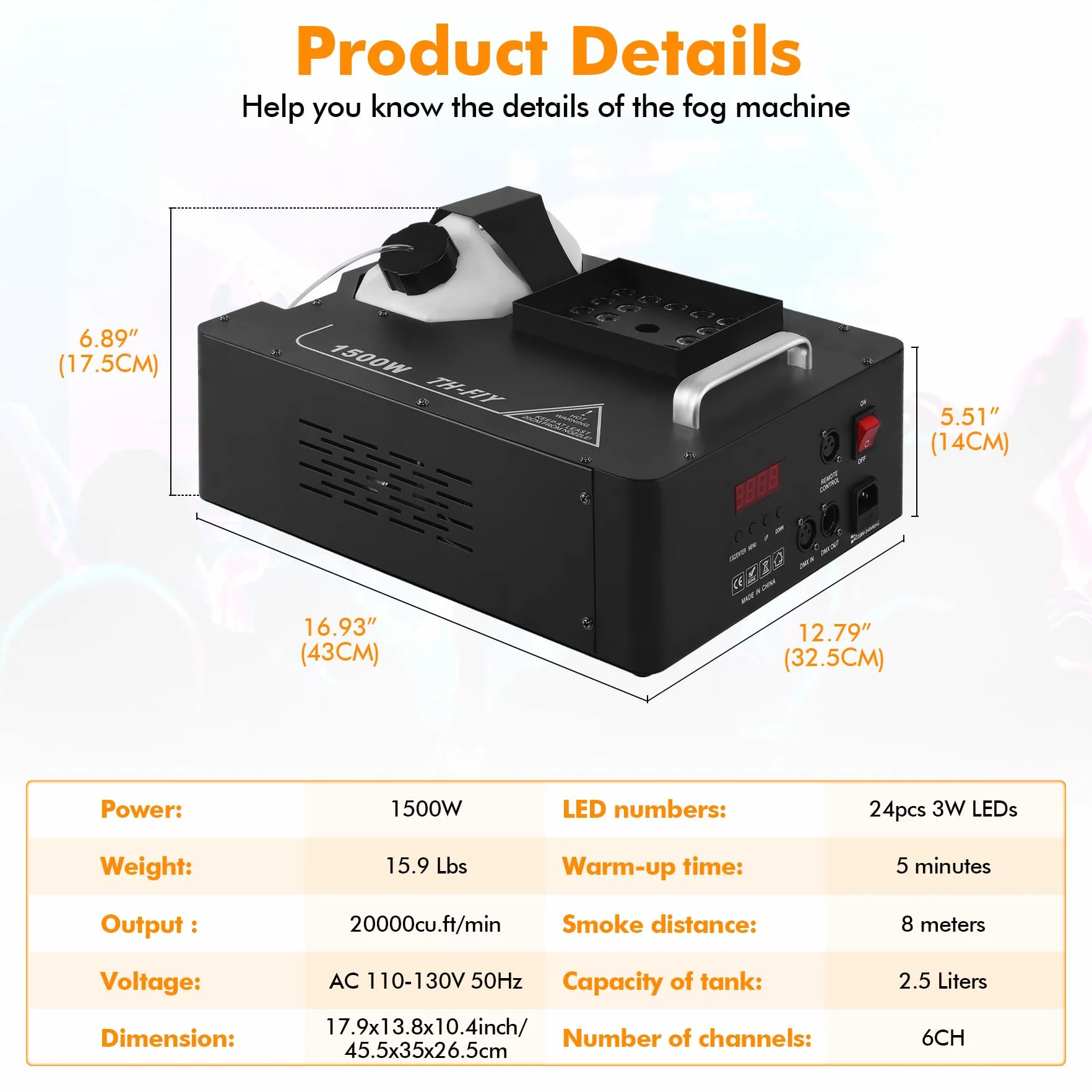 Ridgeyard Máquina de niebla, 1500W máquinas de humo con mando a distancia inalámbrico y luz led con 16 colores, adecuada para DJ, discoteca, fiesta, Halloween, Navidad, bodas y actuaciones en