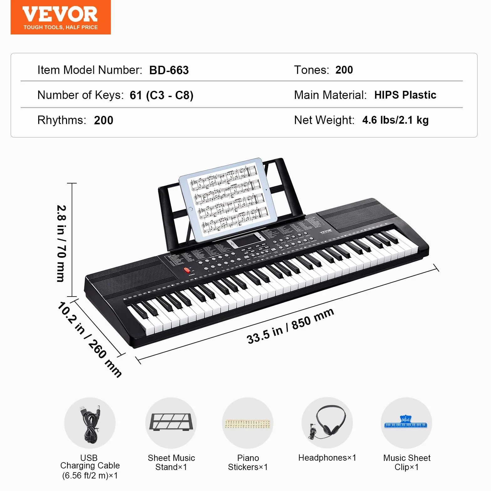 VEVOR 61 Teclas Piano de Teclado Digital Portátil 200 Tonos, 200 Ritmos con 60 Canciones de Demostración, Altavoces Duales Integrados, Auriculares, Micrófono y Pegatinas de Piano para Principiantes