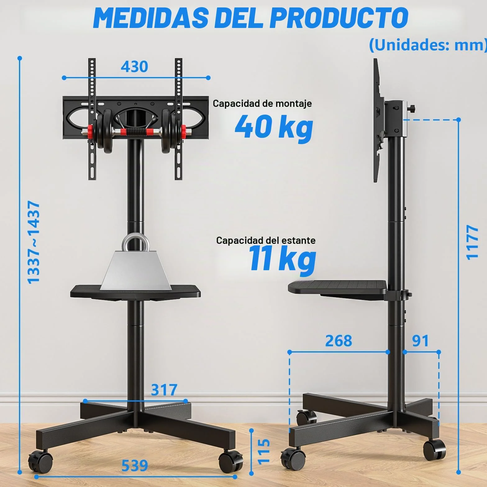RFIVER Soporte TV Móvil con Ruedas para TV 27-60 Pulgadas, Inclinación +5/-2°, Altura Ajustable, VESA 400x400mm, 40 kg