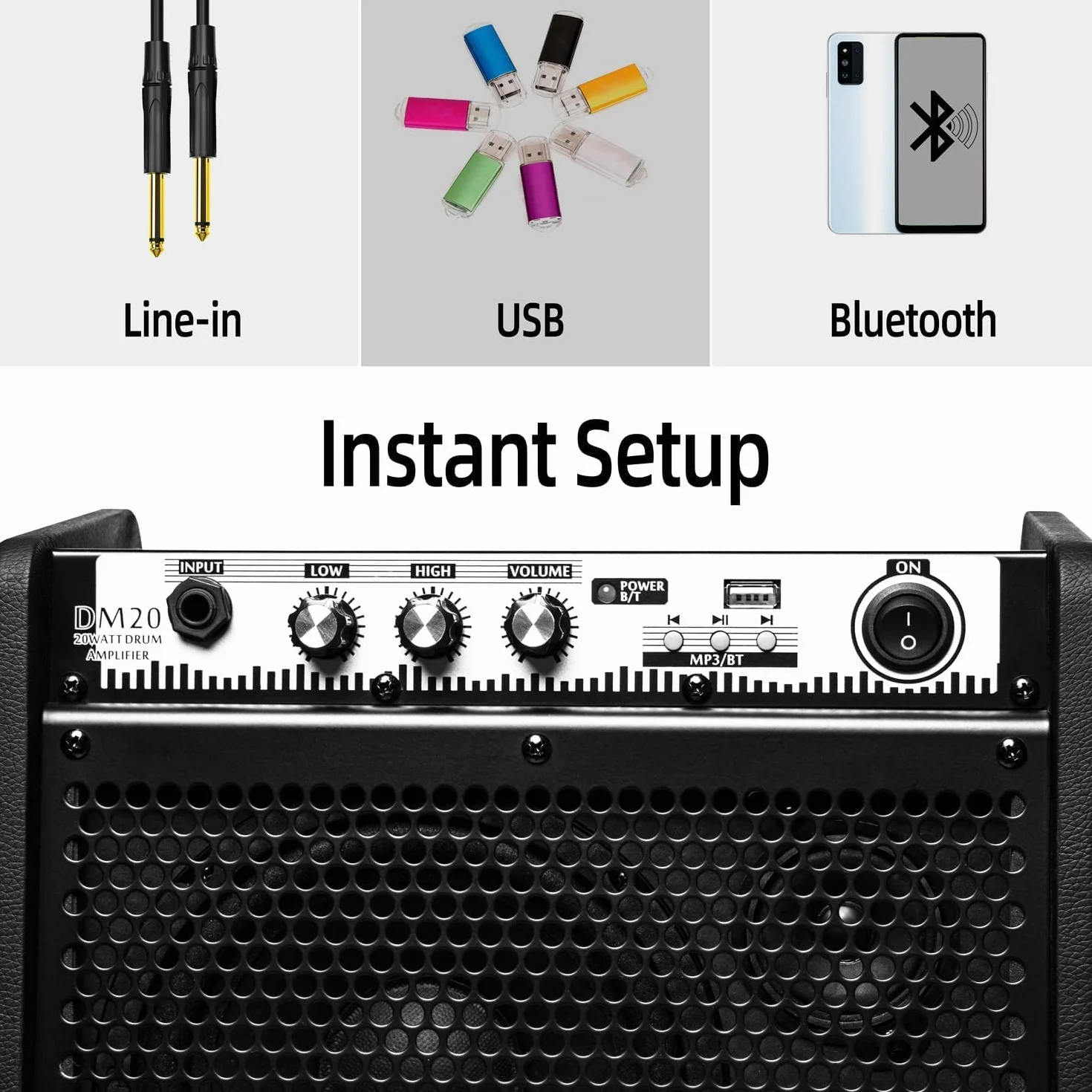 Coolmusic DM20 Bluetooth Amplificador de Monitor Personal Amplificador de Tambor eléctrico Altavoz, Teclado y Altavoz de Guitarra acústica (20W con Cable)