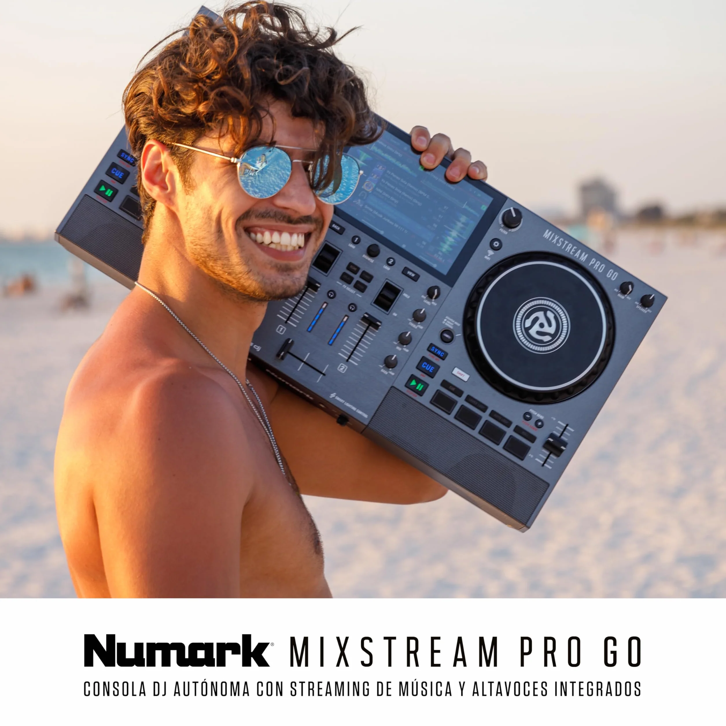 Numark Mixstream Pro Go Controlador DJ portátil, batería, mezclador con separación de stems, altavoces, streaming wifi, pantalla táctil y Serato DJ