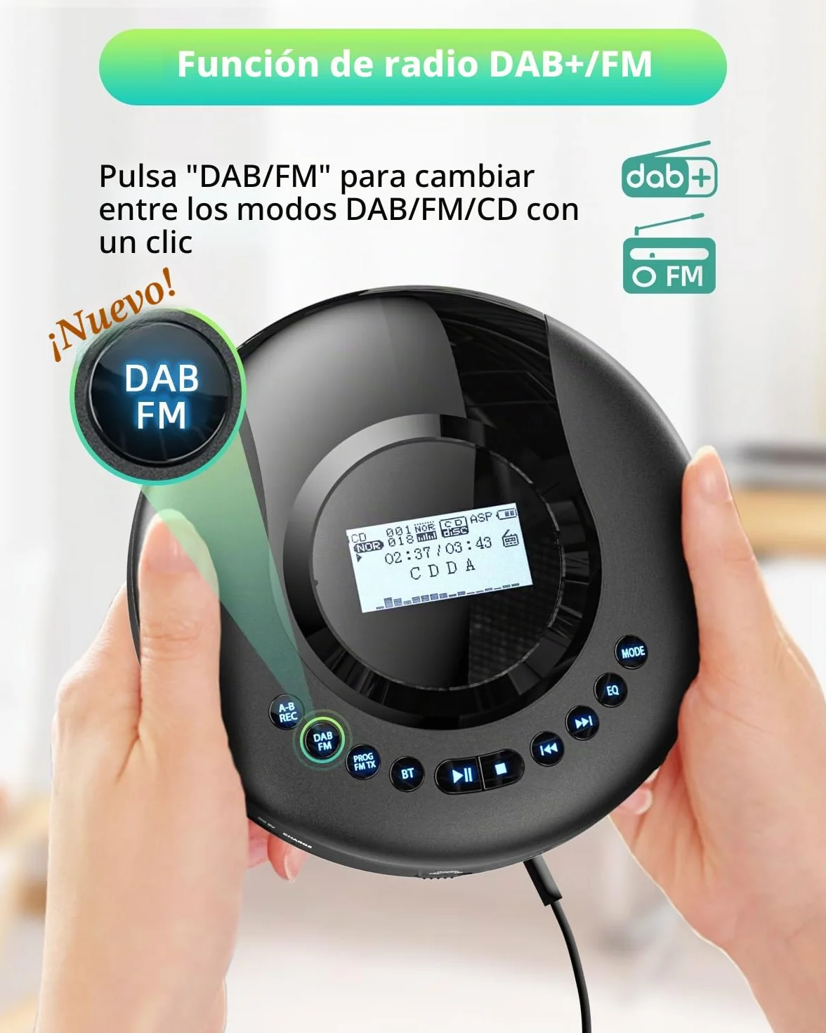 Reproductor de CD portátil con Bluetooth, Radio DAB+/FM, Discman, CD-R/RW, Batería 2000 mAh, Negro