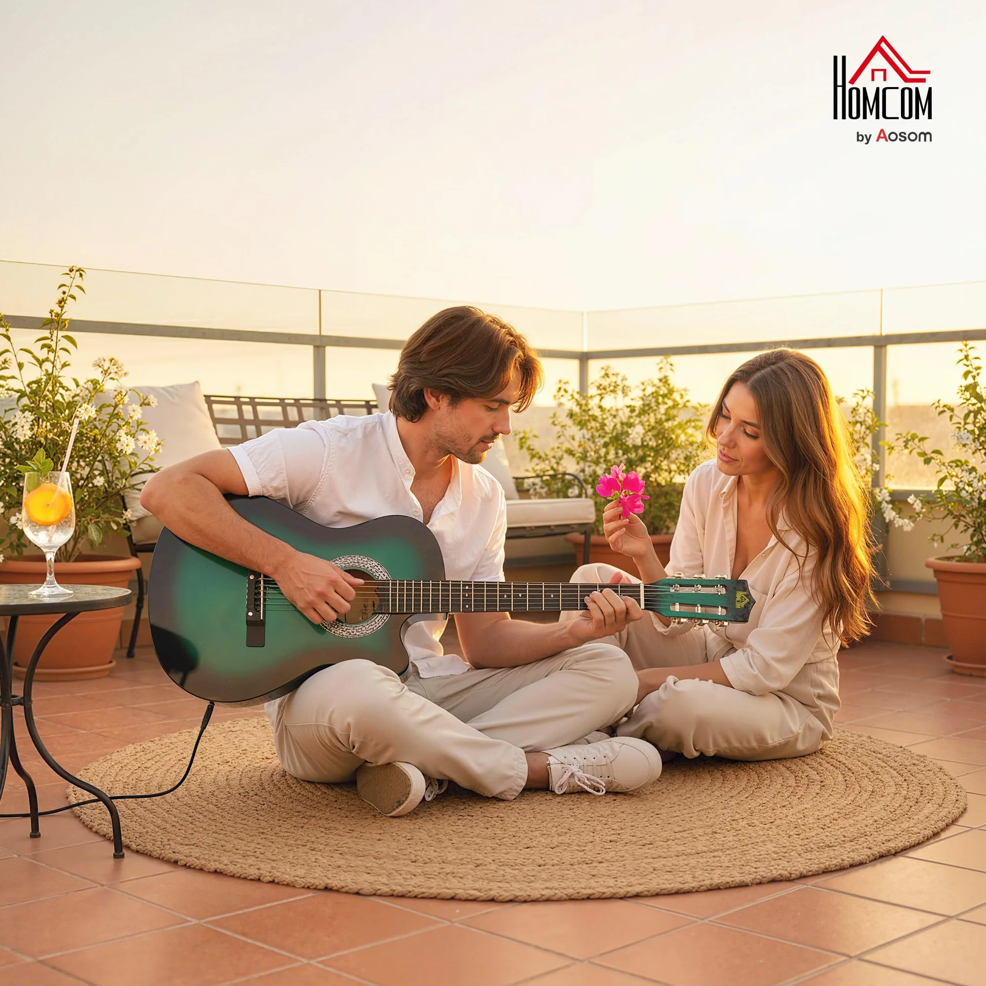 Guitarra acústica eléctrica HOMCOM de 38 pulgadas, guitarra clásica para principiantes y adultos jóvenes, acabado brillante, con estuche de transporte, correa, púas y cuerdas de repuesto - Verde