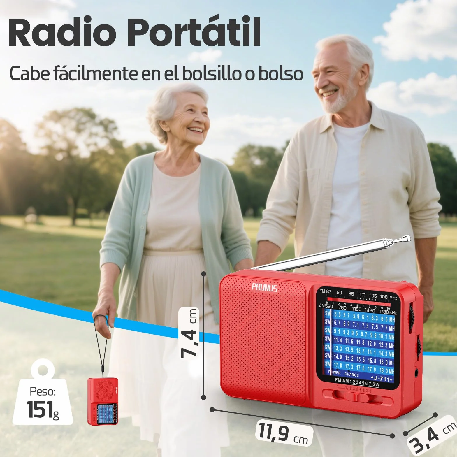 PRUNUS J-711 Radio Portátil Pequeña Recargable AM/SW/FM, Transistor con Pilas AA y USB-C, Rojo