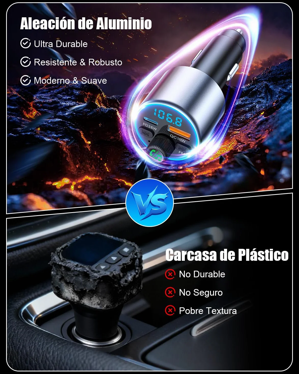 Transmisor FM Bluetooth Coche 5.3 Cargador Mechero Coche PD36W QC3.0 Adaptador Bluetooth Vehículos