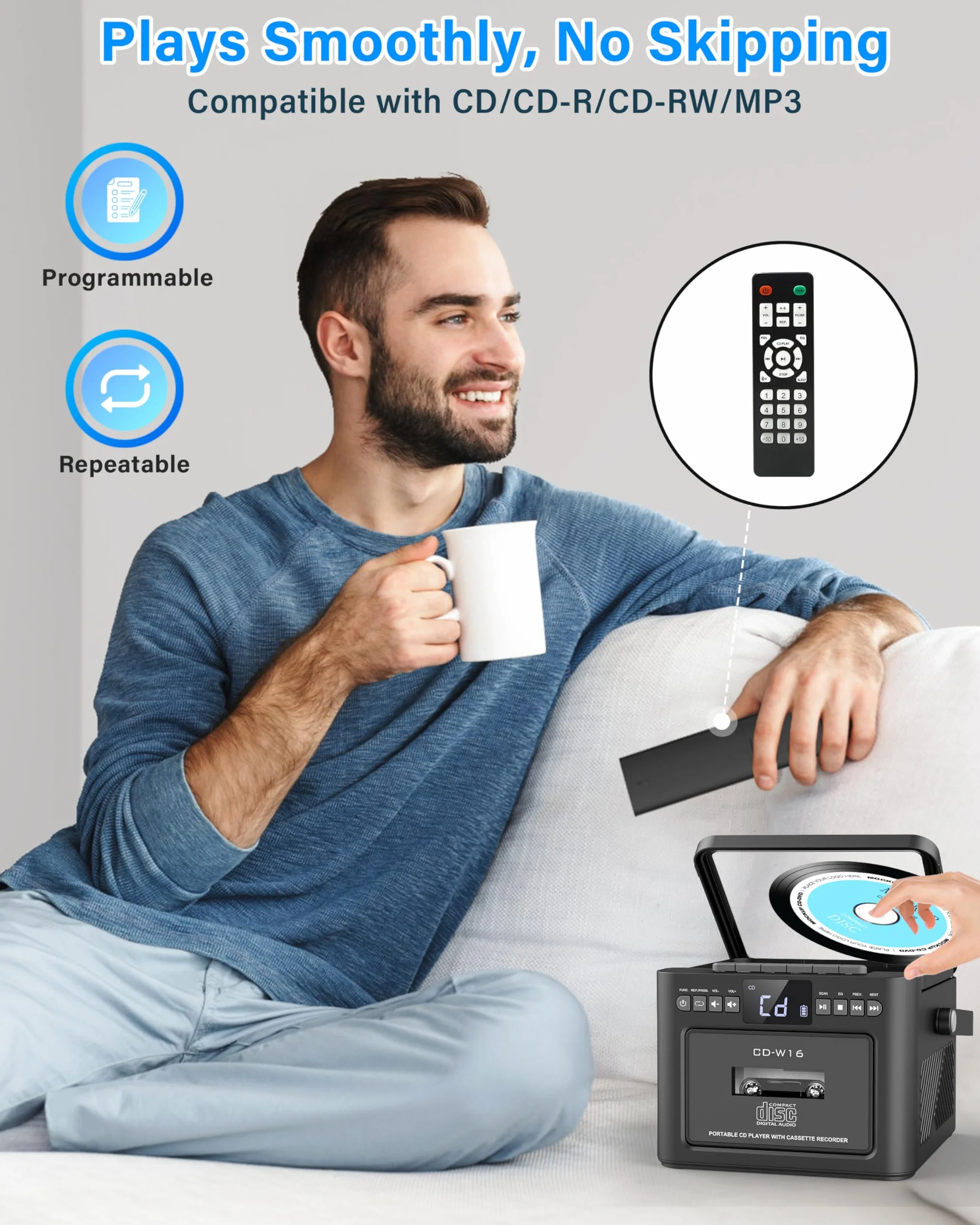 Greadio Reproductor de CD portátil para el hogar, reproductor de casete Boombox recargable, reproductor de CD de radio FM con Bluetooth, batería de 5000 mAh, control remoto, USB, AUX, tarjeta TF/SD,