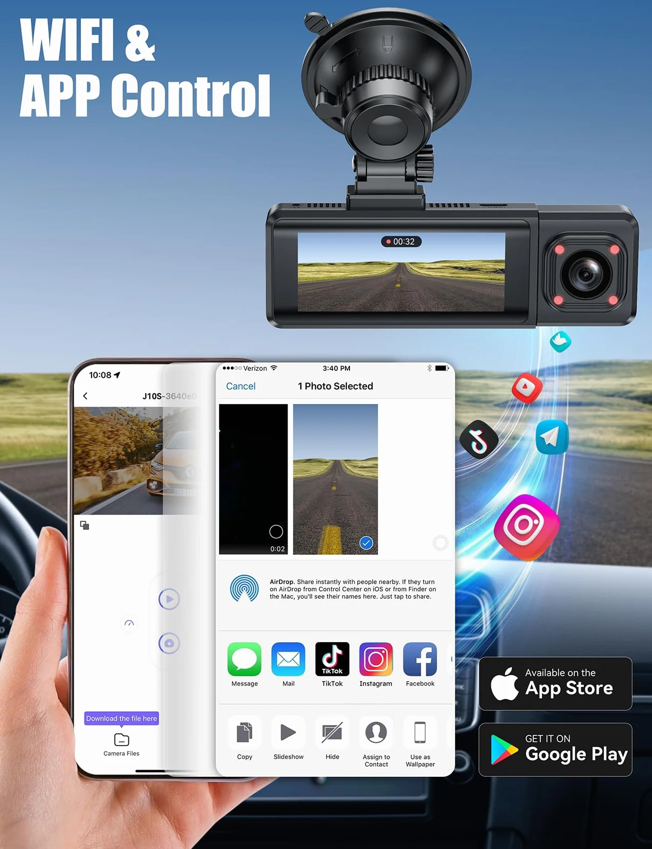 3 Canales Dash CAM Coche, 4K+1080P Camara Coche con WiFi & App Controlcon, Tarjeta 64G, Super Visión Nocturna, Gran 170°, WDR, Grabación de Bucle, G-Sensores, Monitor de Aparcamiento (Negro)