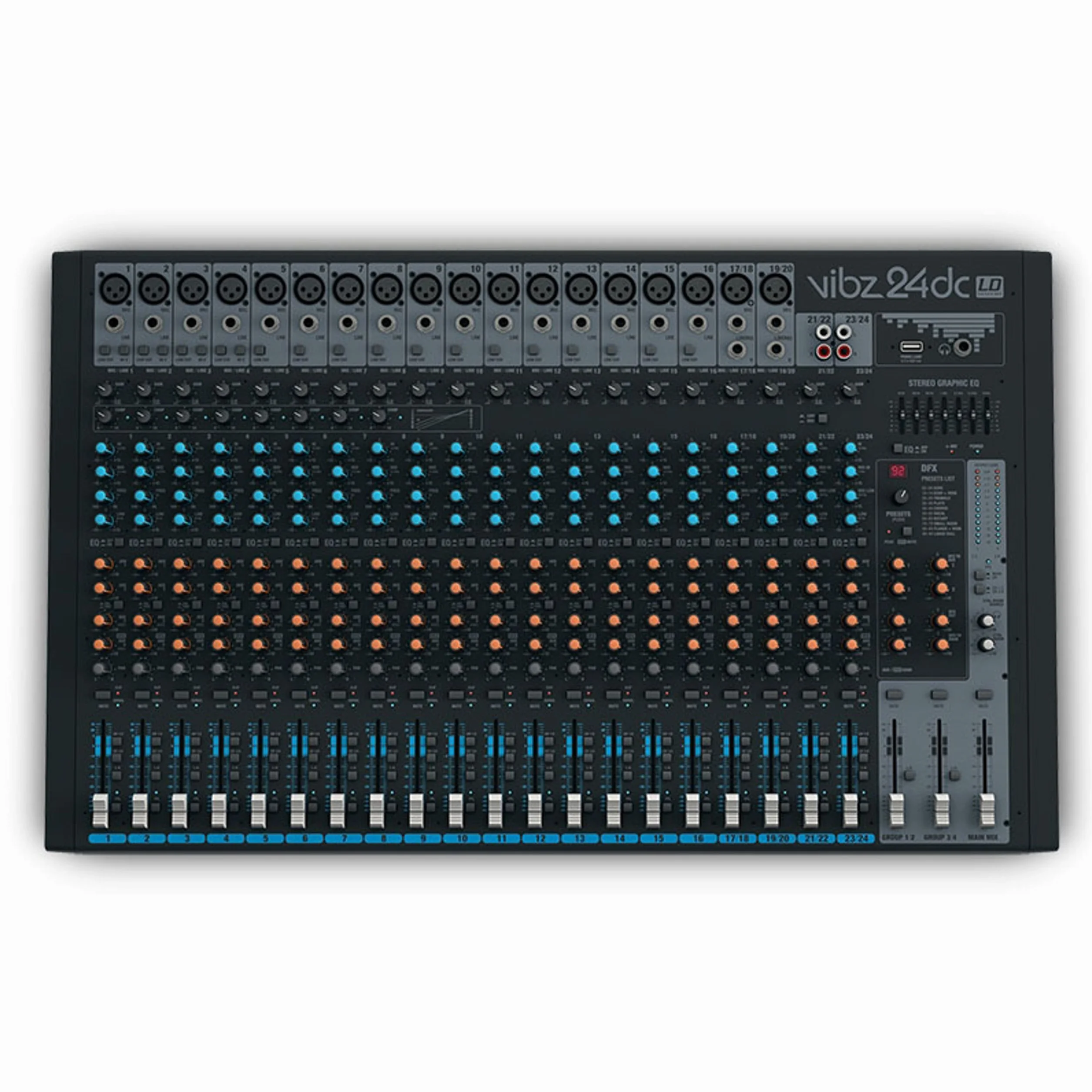 LD Systems VIBZ 24 DC - Mesa de mezclas de 24 canales con sección de efectos digitales y compresor