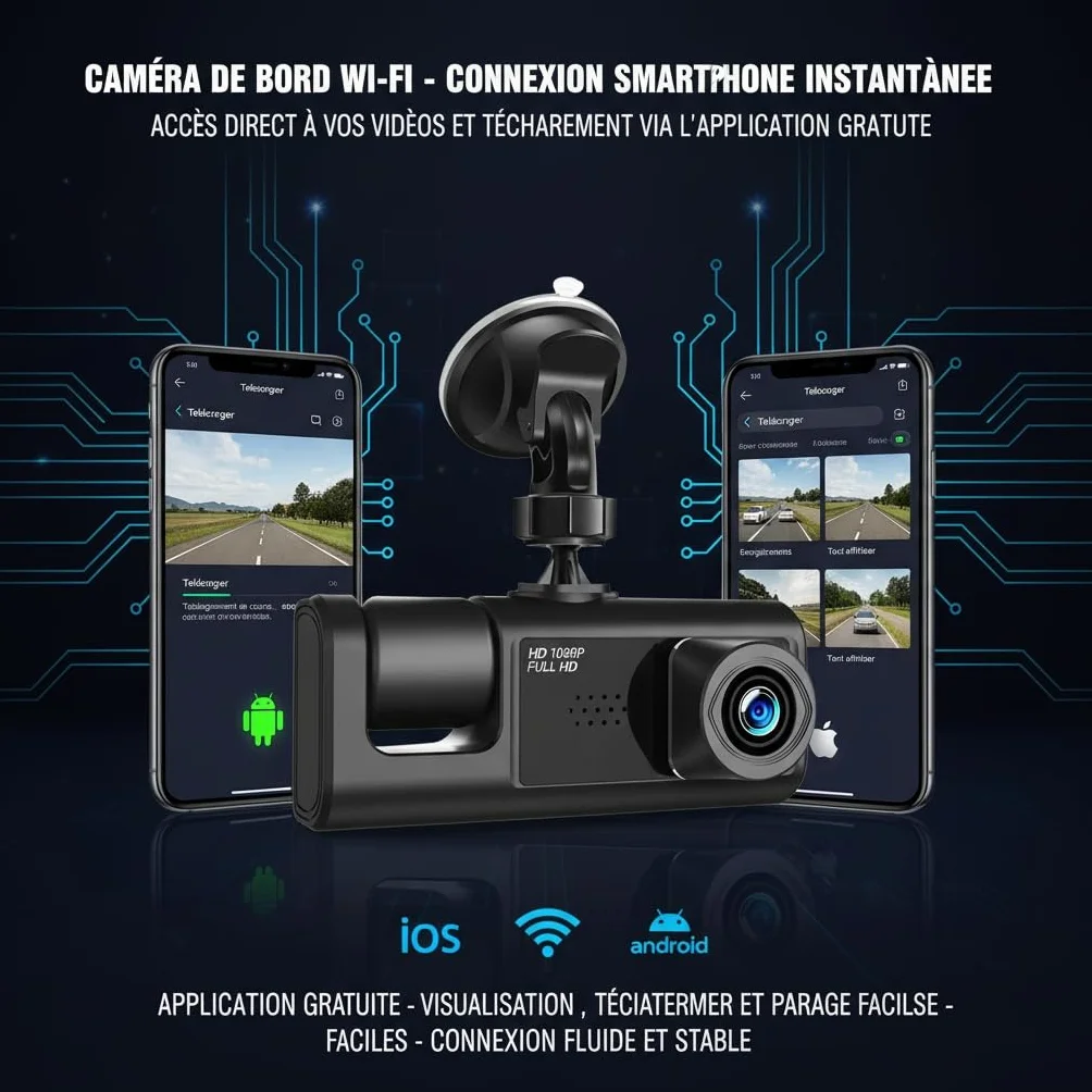Cámara Dashcam 3 cámaras 1080P Full HD | Seguridad máxima 360° sin ángulo muerto, visión nocturna y estacionamiento vigilado, WiFi integrada detección de movimiento, ideal para conductor VTC