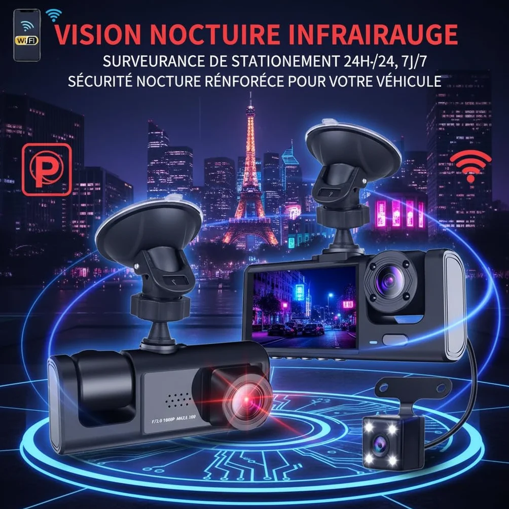Cámara Dashcam 3 cámaras 1080P Full HD | Seguridad máxima 360° sin ángulo muerto, visión nocturna y estacionamiento vigilado, WiFi integrada detección de movimiento, ideal para conductor VTC