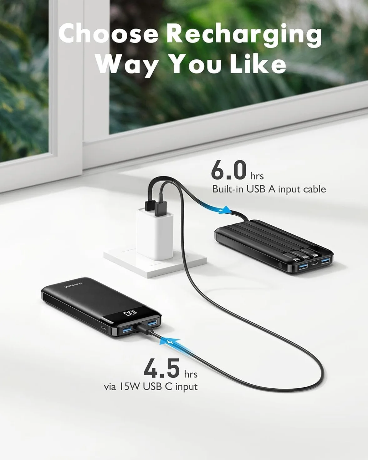Charmast Power Bank 10000mAh con Cables Integrados, USB C Cargador Portátil 5V / 3A Powerbank Pantalla LED con 6 Salidas y 3 Entradas para iPhone Samsung Huawei Xiaomi