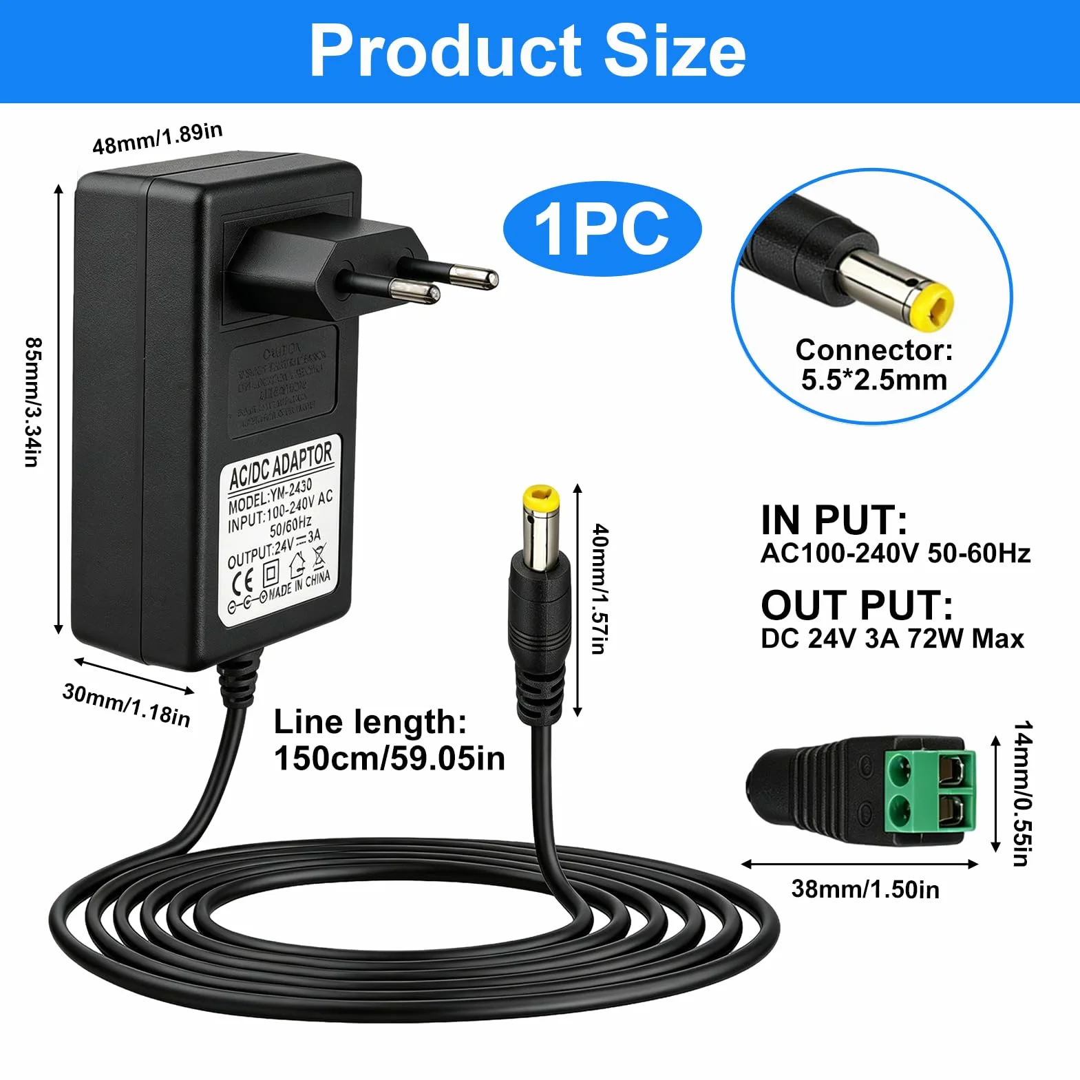 24V 3A Adaptador Fuente de Alimentación 72W, Transformador AC100-240V con Enchufe EU y DC Conector 5.5x2.5mm, Cargador para Tiras LED, Cámara CCTV, Router, Monitor, TV Box, 1.5M Negro