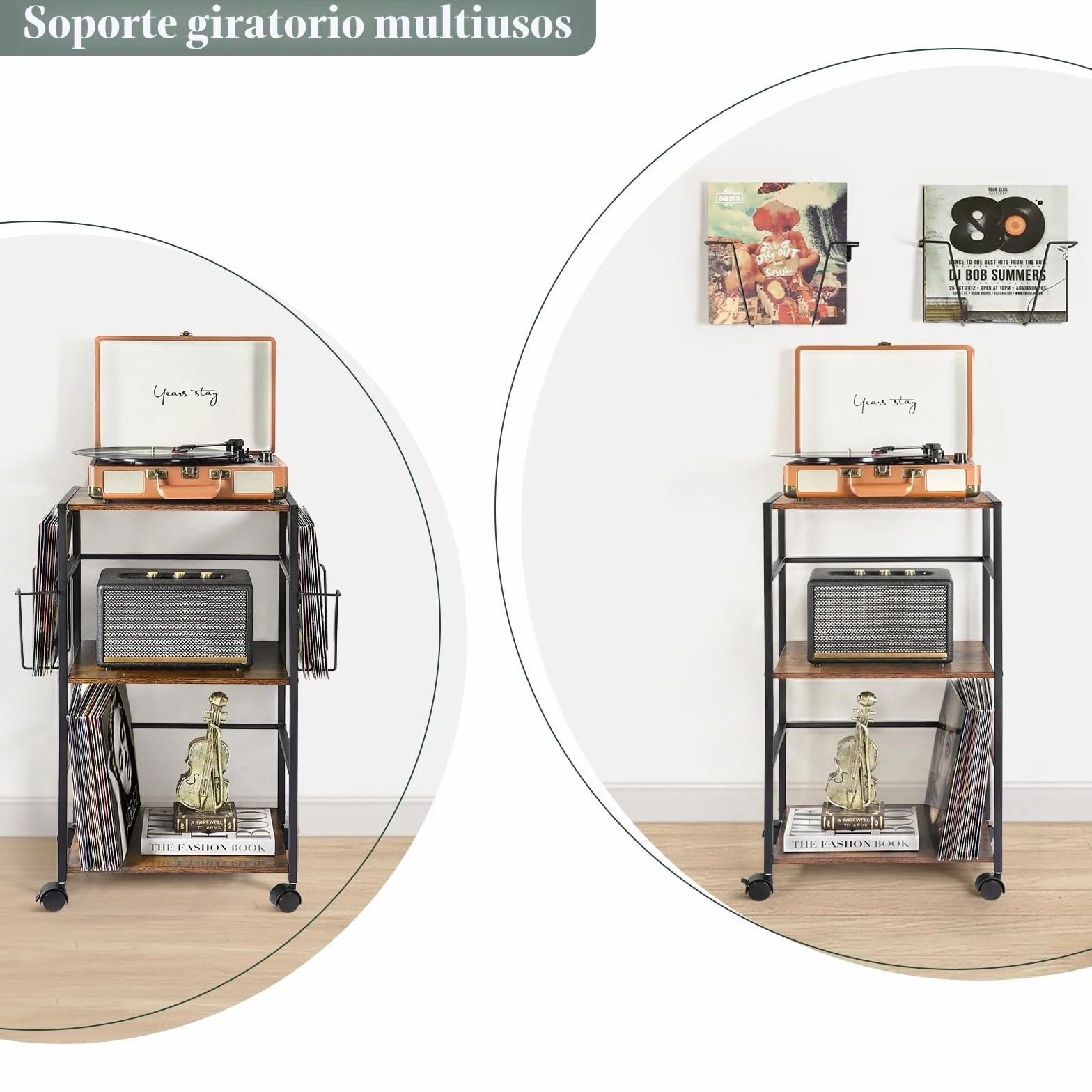 Bikoney Tocadiscos Almacenamiento, Laminación Mesa Auxiliar con Grande Soporte Tocadiscos, Reproductor Vinilo de Hasta 150 álbumes, Soporte Plato Giratorio con 2 Visualización de Vinilo