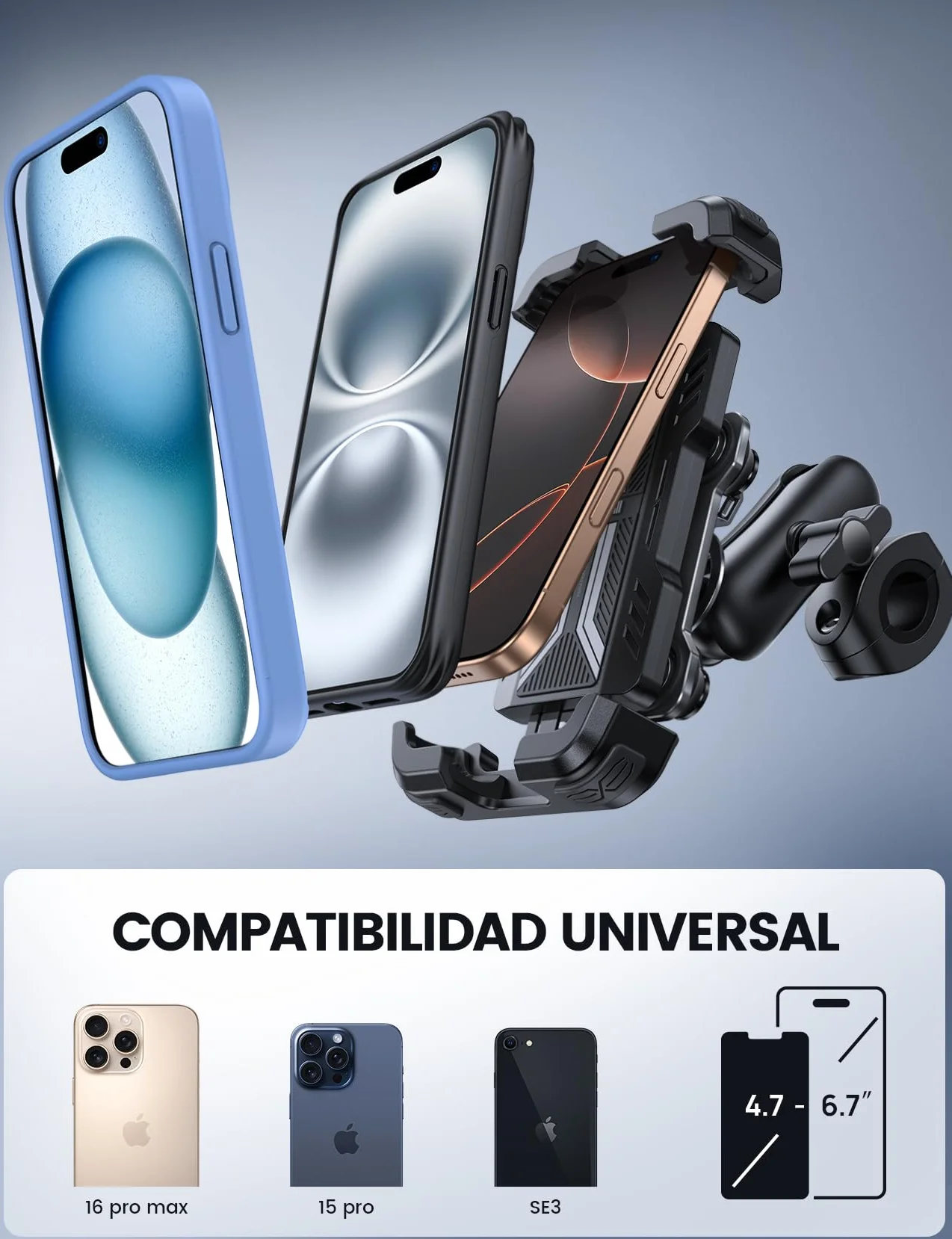 Lamicall Soporte Móvil Moto Doble Antivibración Brazo Extensible Metálico Antirrobo 360° Giratorio para iPhone 17 16 15 4,7-6,7"