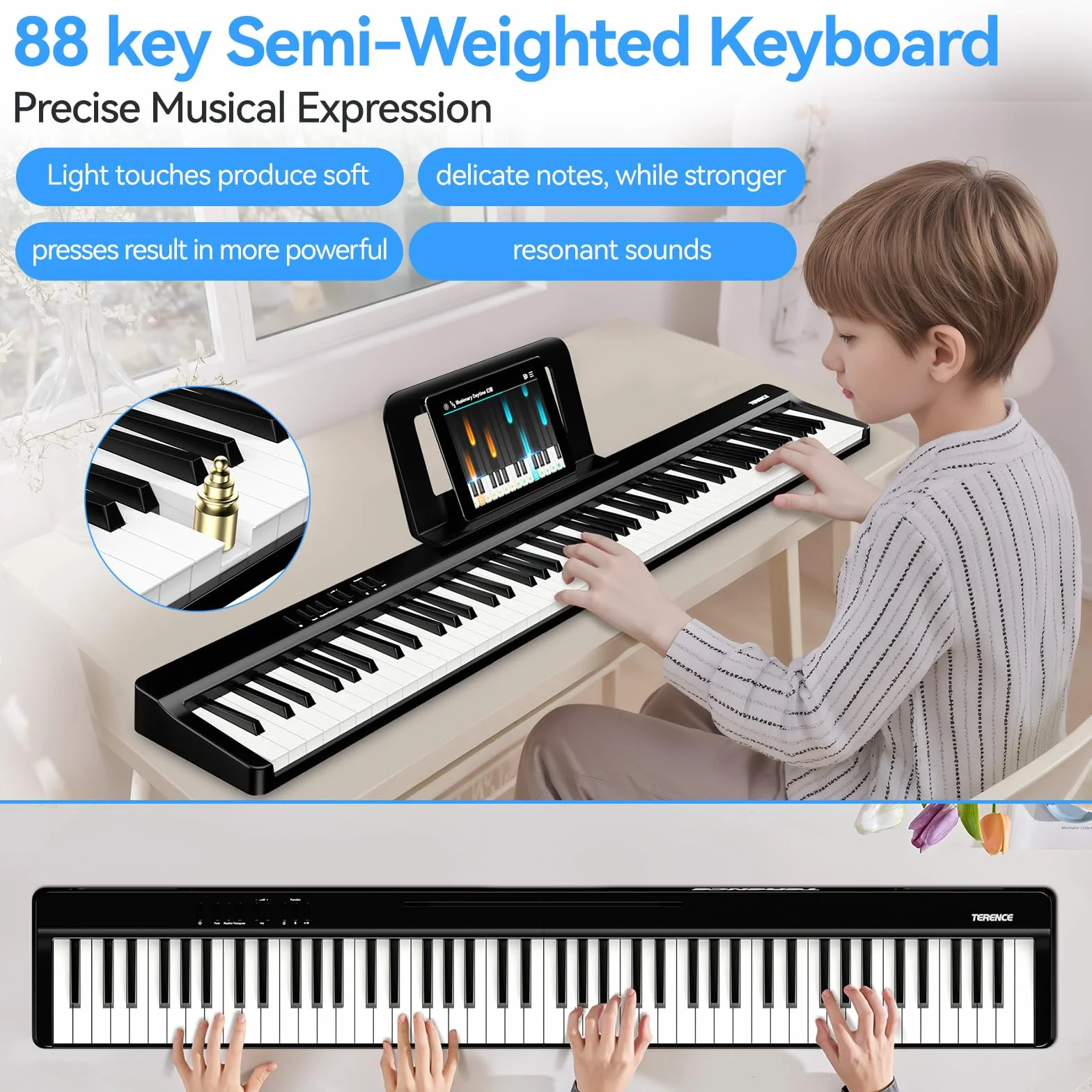 TERENCE Teclado de piano Piano digital portátil de 88 teclas con soporte Z, teclado semipesado para principiantes y expertos, función de grabación de audio integrada, interfaz MIDI Bluetooth.