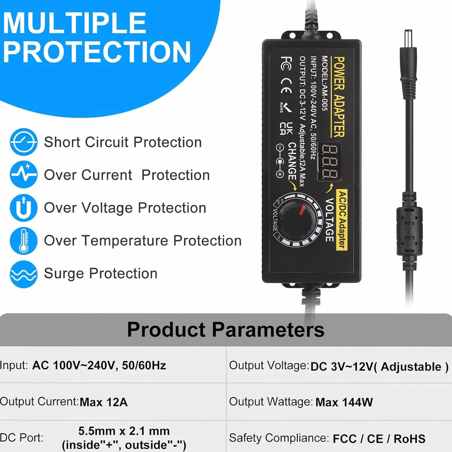 Adaptador Universal Ajustable de 100 V-240 V CA a CC 3 V-12 V 12 A, Adaptador de Corriente Ajustable con 14 Puntas y Cable de Polaridad