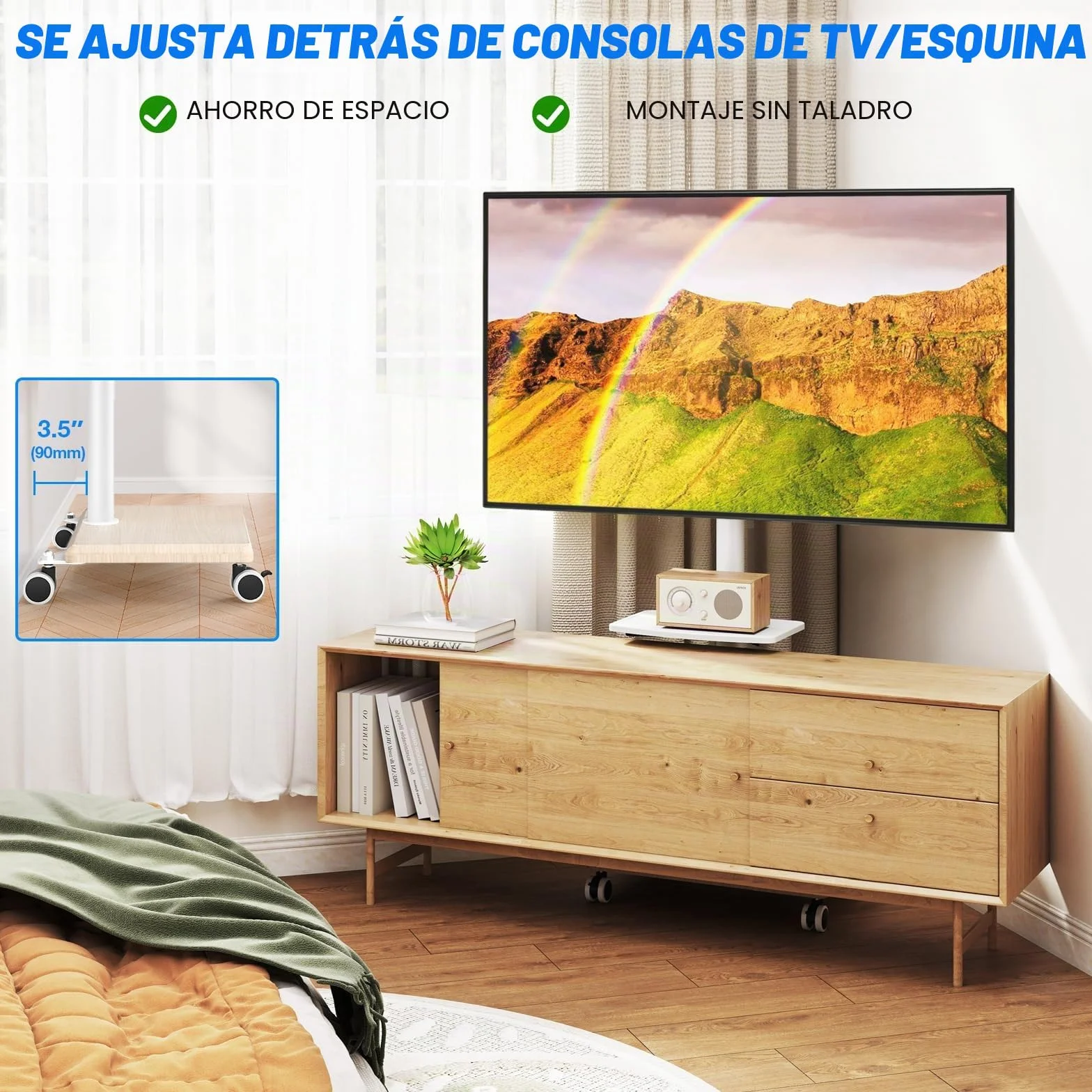 5Rcom Soporte TV Ruedas y Base de Madera para Pantallas de 32 a 70 Pulgadas, Soportes TV con Ruedas, Placa Giratoria y Altura Ajustable MAX VESA 400x400mm (Bianco Puro)