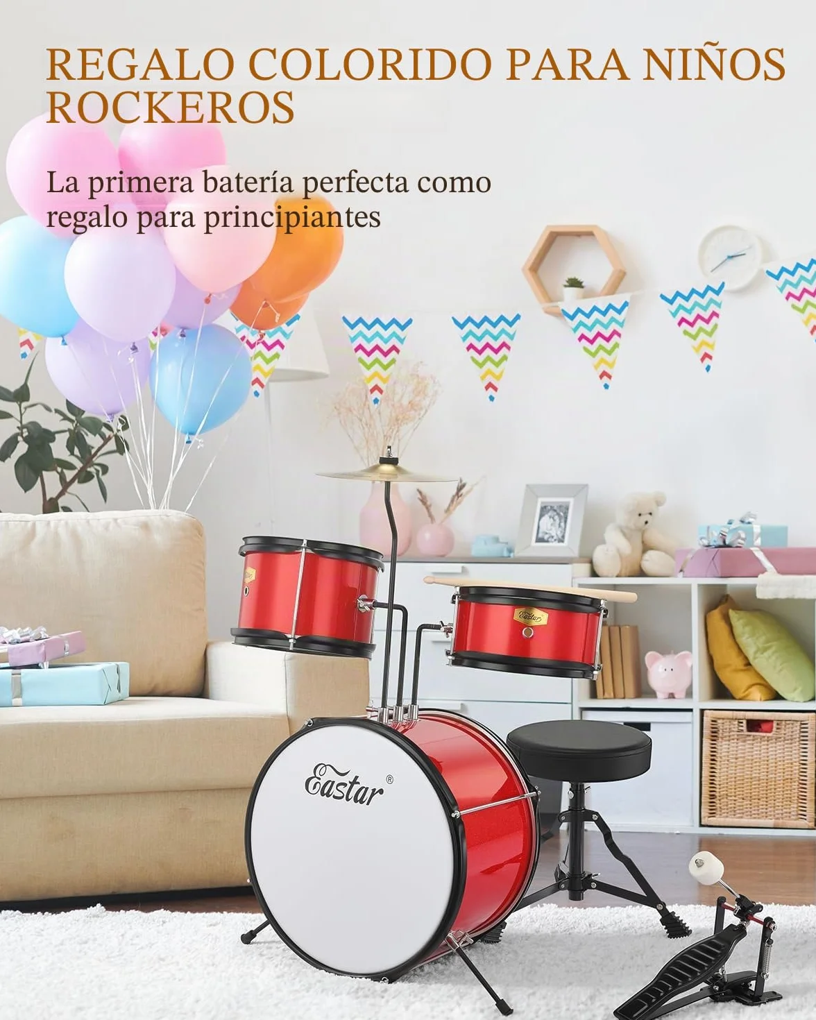 Eastar Drum Set 14 pulgadas para principiantes, 3 piezas Junior Drum Kit con Bass Tom Snare Drum, trono ajustable, platillo, pedal y dos pares de baquetas (rojo metálico)