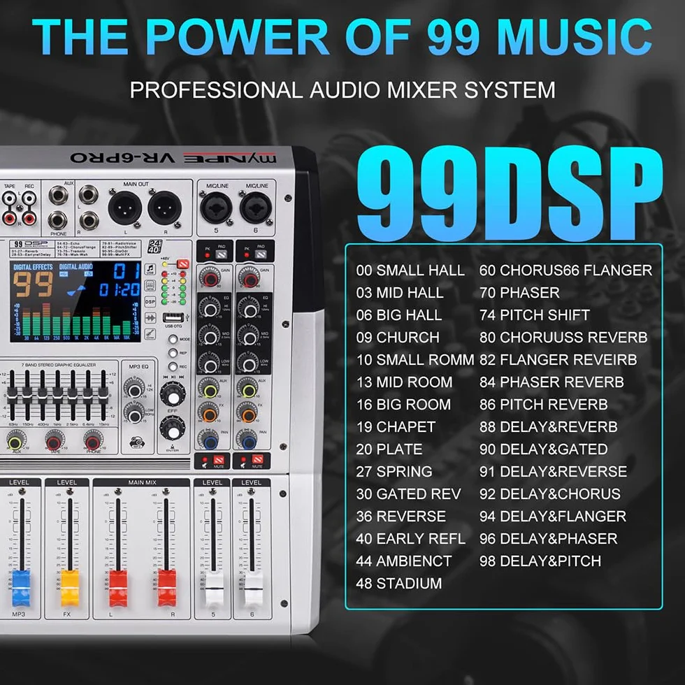 Mezclador de audio VR-6 PRO, 550W x 2 amplificador de salida de alta potencia, 99 efectos DSP, consola de DJ de audio bluetooth, pantalla de espectro de pantalla grande, sintonizador de DJ con
