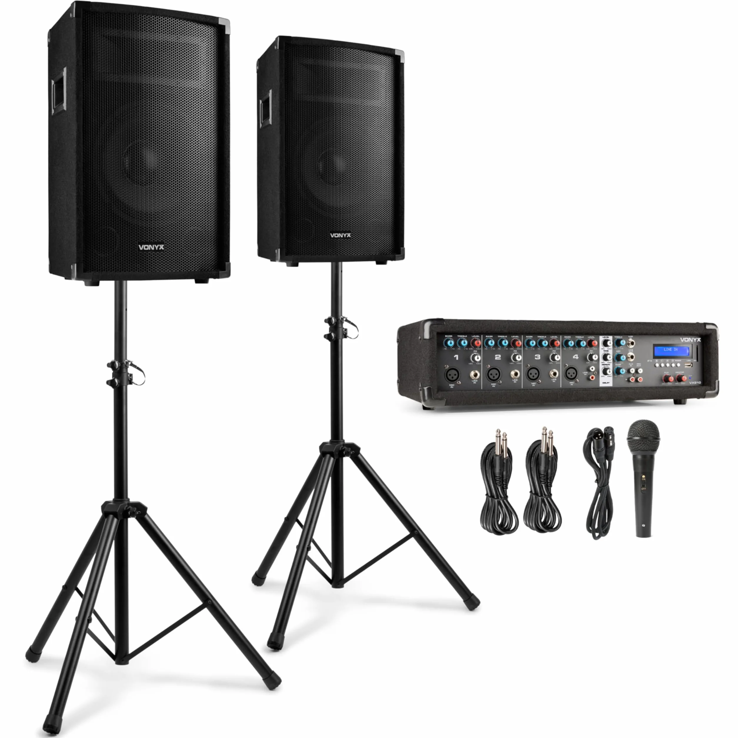 Vonyx VX210 – Sistema Karaoke Profesional de 800W con 2 Altavoces 10” y Soportes, Mezclador 4 Canales, Bluetooth, USB, SD, Equipo de Sonido para Fiestas y Karaoke Adultos, Color Negro