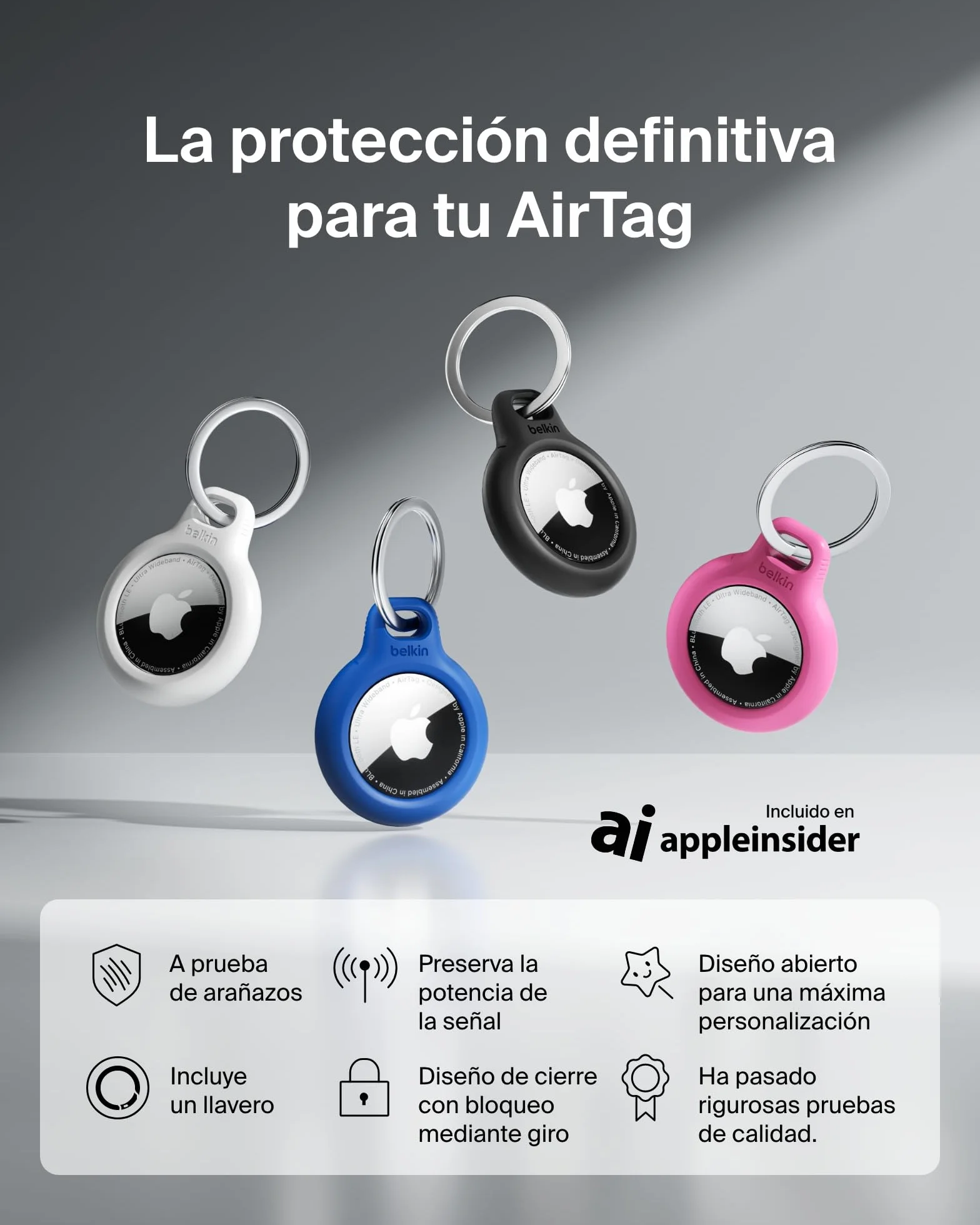 Belkin Llavero AirTag, Funda AirTag Resistente a los Arañazos con Frontal Abierto, Bordes Elevados, Cobertura, Cubierta, Localizador de Llaves, Mascotas, Maletas, Equipaje, Mochila y Otros, Negro