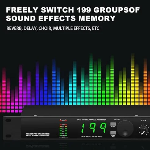 Procesador ecualizador de audio digital con 199 efectos preestablecidos, chip DSP de 24 bits, reducción automática de ruido para rendimiento de estudio y escenario